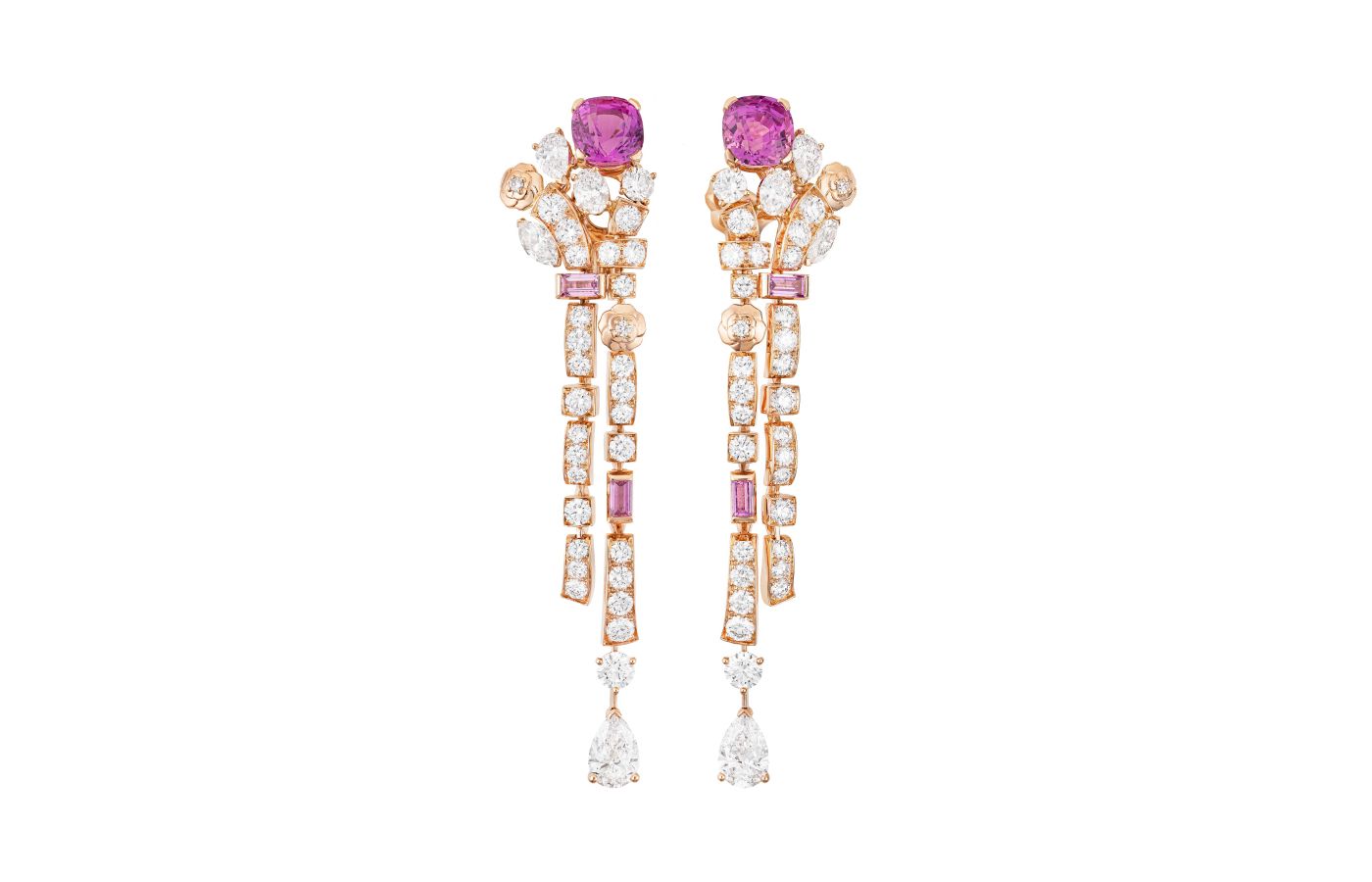  Chanel Tweed Pétale earrings with pink sapphires of 3.64 and 3.62-carats, two pear-shaped diamonds, plus further diamonds and pink sapphires in pink and white gold, from the Tweed Camélia set of the Tweed de Chanel High Jewellery Collection