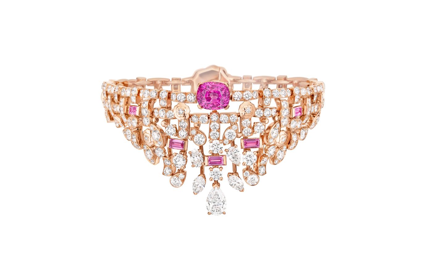  Chanel Tweed Pétale bracelet with a 5.08-carat cushion-cut pink sapphire, a pear-shaped diamond of 1.07 carats, further diamonds and pink sapphires in pink and white gold, from the Tweed Camélia set of the Tweed de Chanel High Jewellery Collection