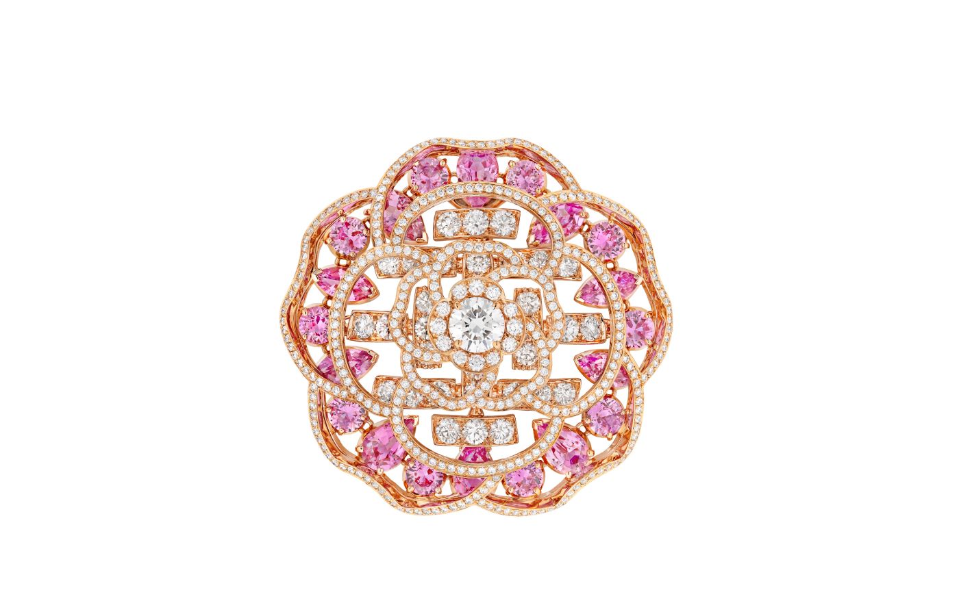  Chanel Tweed Poudré brooch with diamonds and pink sapphires in pink gold, from the Tweed Camélia set of the Tweed de Chanel High Jewellery Collection