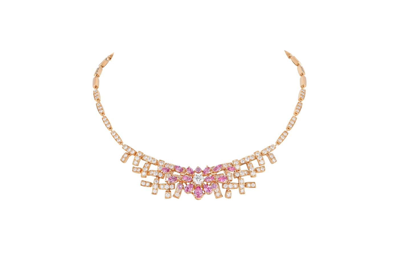  Chanel Tweed Poudré necklace with diamonds and pink sapphires in pink gold, from the Tweed Camélia set of the Tweed de Chanel High Jewellery Collection