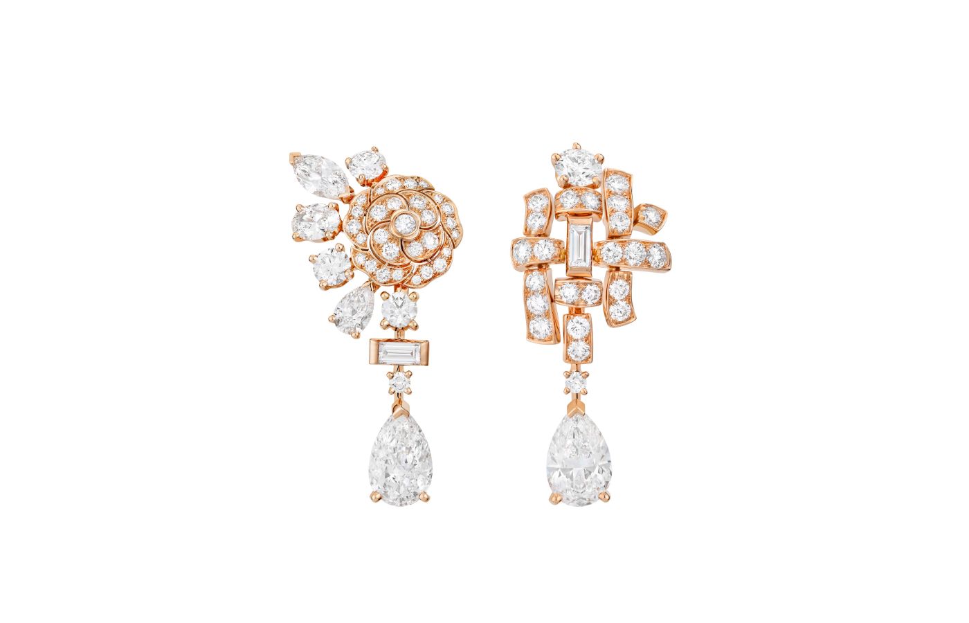  Chanel Tweed Dentelle earrings with two D-colour, internally flawless pear-shaped diamond drops of 2.18 and 2.17-carats, plus brilliant-cut diamonds in pink gold, from the Tweed Camélia set of the Tweed de Chanel High Jewellery Collection