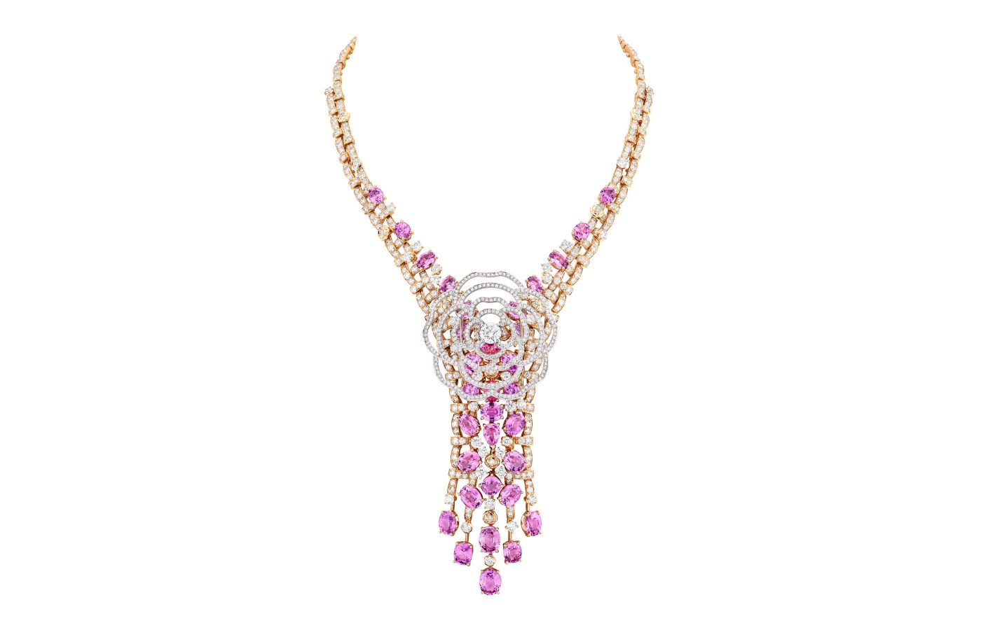  Chanel Tweed Camélia necklace with diamonds and pink sapphires, including a detachable camélia motif brooch, in pink gold from the Tweed Camélia set of the Tweed de Chanel High Jewellery Collection