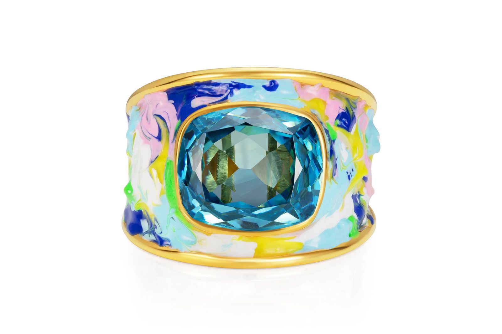 NeverNot Impressionist ring in gold, enamel and aquamarine