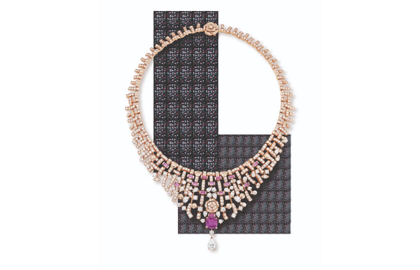  Chanel Tweed Pétale necklace with a 5.67-carat cushion-cut pink sapphire, one pear-shaped diamond of 1.56-carats, plus further diamonds and pink sapphires in white and pink gold, from the Tweed Camélia set of the Tweed de Chanel High Jewellery Collection