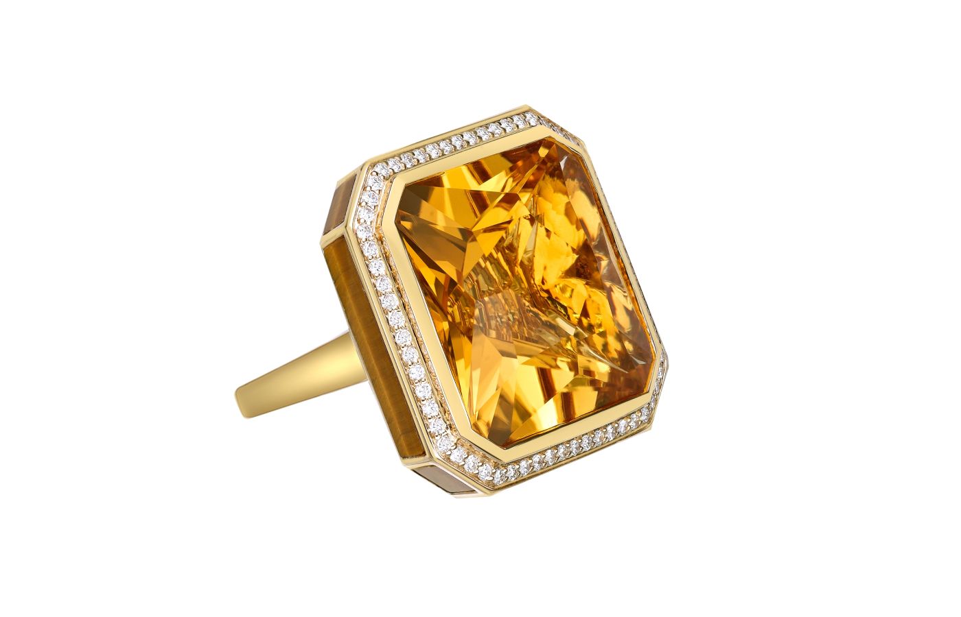  Sunita Nahata Glamorous Gemstones ring with a 29.56 carat octagon-shaped honey quartz, plus tiger’s eye, garnet and diamonds set in 18k yellow gold 