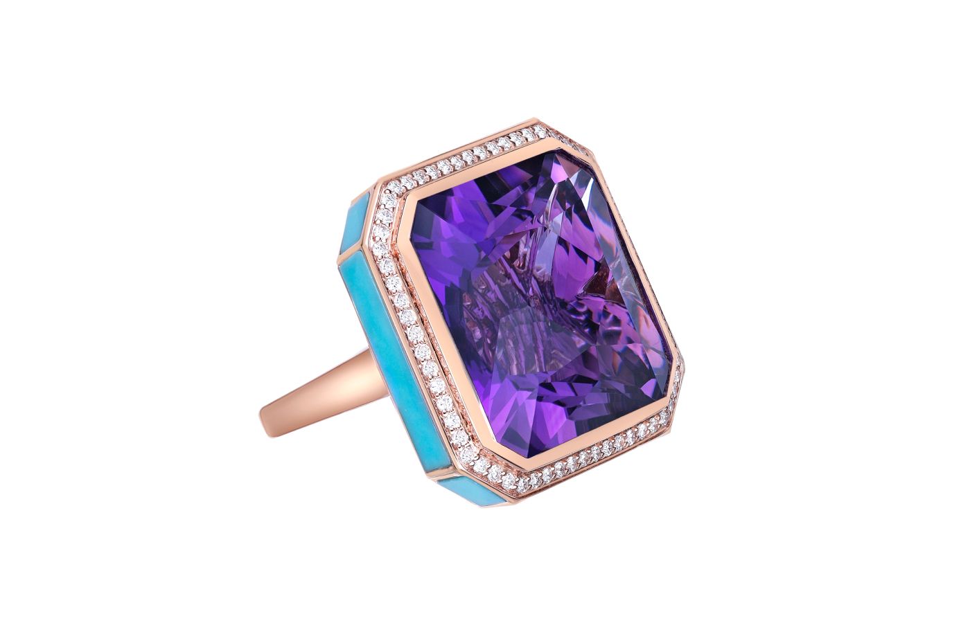Sunita Nahata Glamorous Gemstones ring with a 31.26 carat octagon-shaped amethyst, plus turquoise, garnet and diamonds set in 18k rose gold 