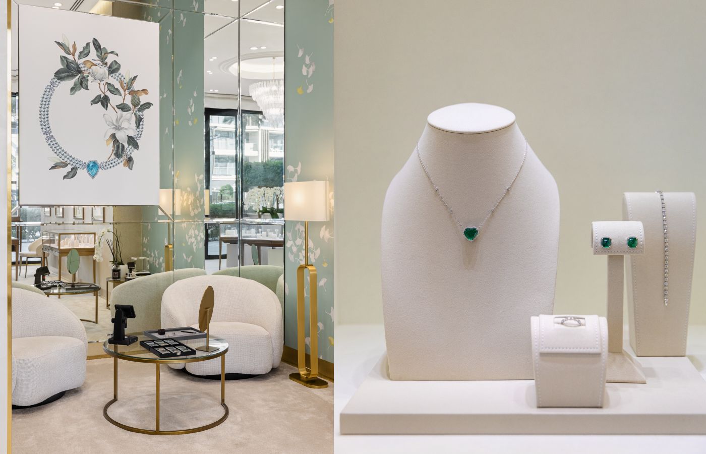  Parure Atelier High Jewellery emerald and diamond suite on display at their showroom