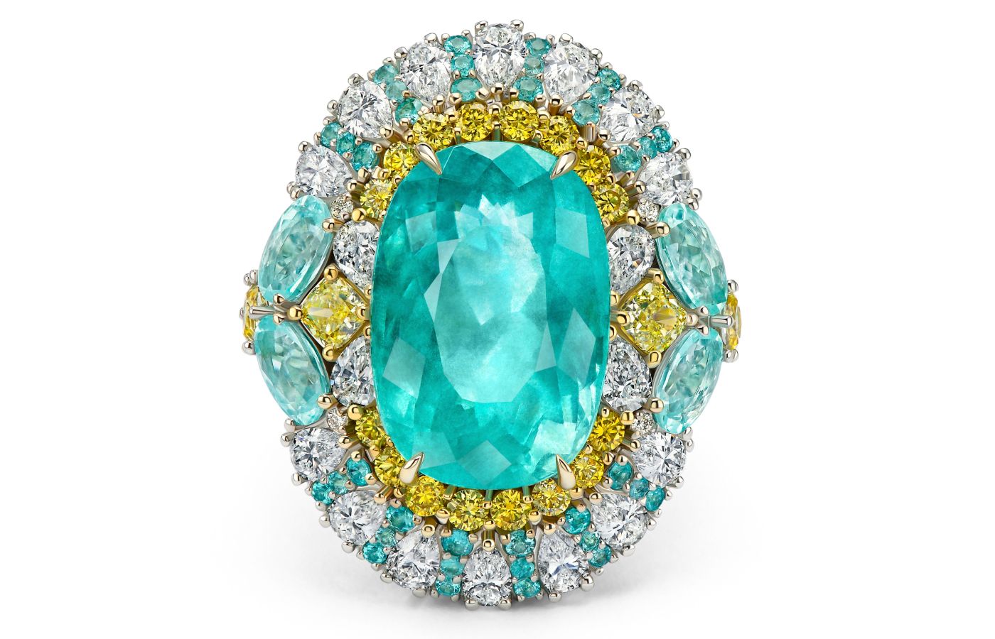 Parure Atelier High Jewellery ring in enamel, featuring a 12.94-ct Paraiba tourmaline, fancy yellow diamonds, Paraiba tourmalines and diamonds