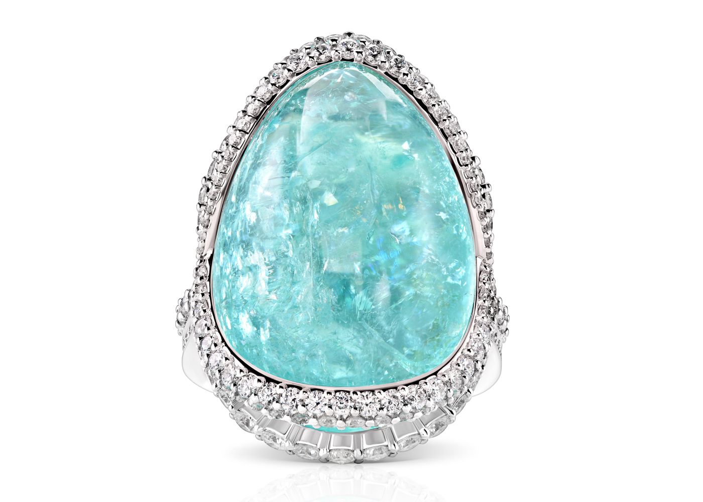 Parure Atelier High Jewellery  ring featuring a 39.34-ct cabochon Paraiba tourmaline and diamonds 