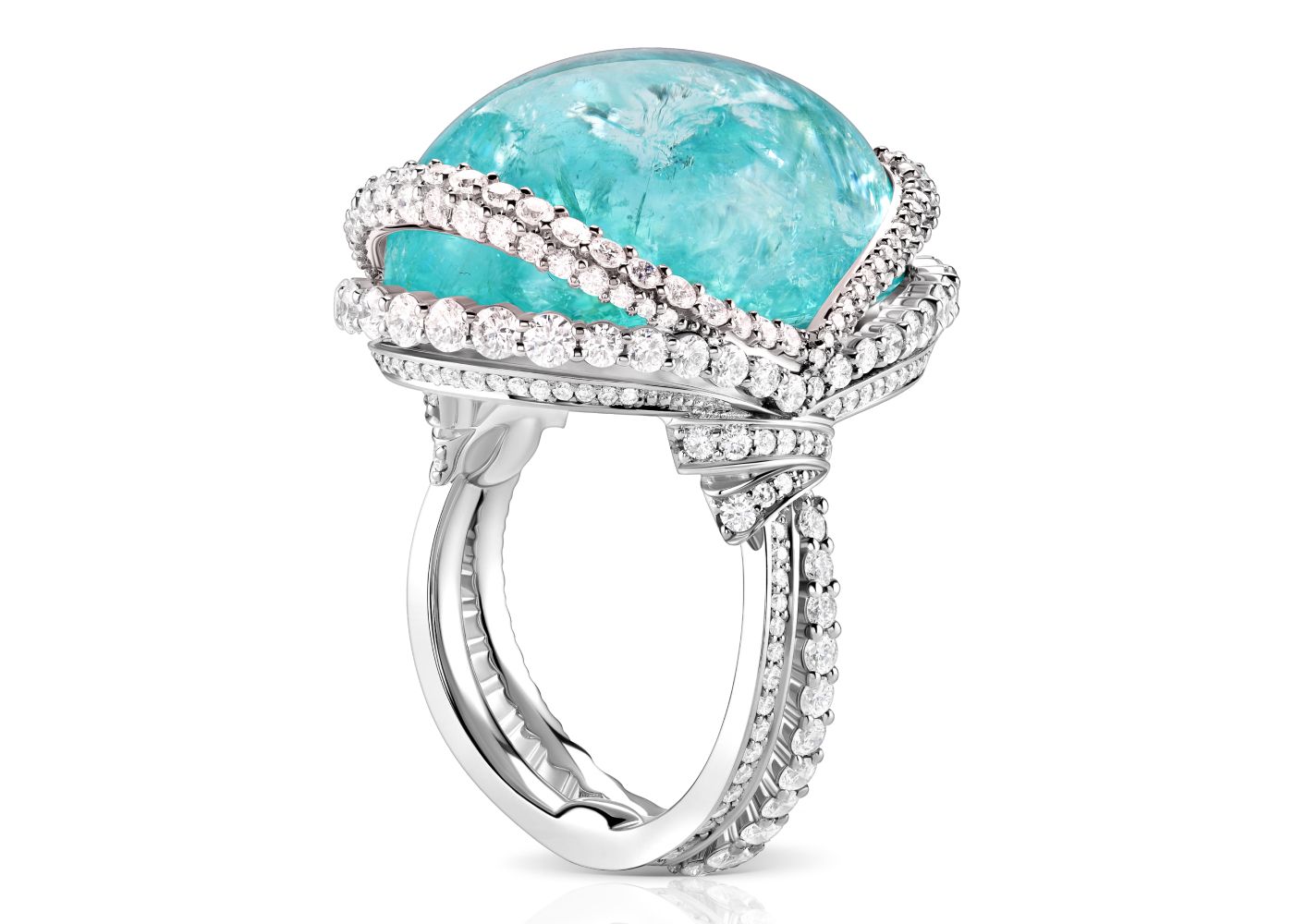  Parure Atelier High Jewellery  ring featuring a 39.34-ct cabochon Paraiba tourmaline and diamonds 