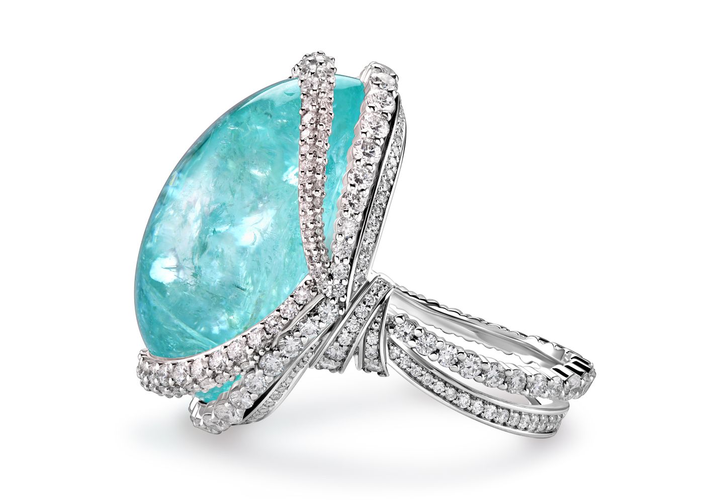  Parure Atelier High Jewellery  ring featuring a 39.34-ct cabochon Paraiba tourmaline and diamonds 