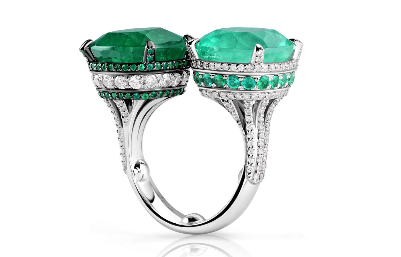  Parure Atelier High Jewellery ring featuring a 10.84-ct Colombian emerald and a 10.24-ct Zambian emerald 