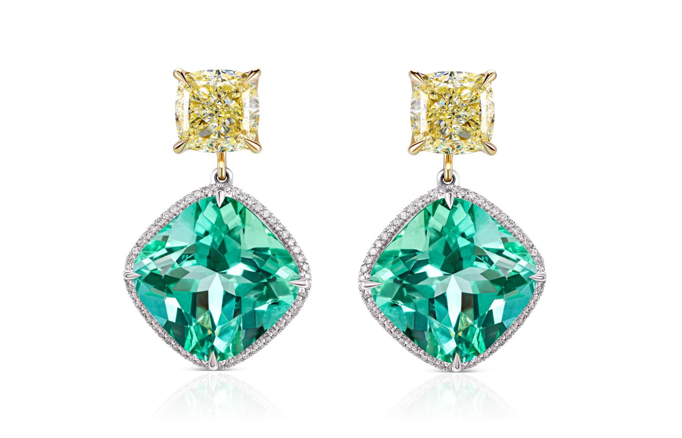 Parure Atelier High Jewellery ear studs featuring a rare pair of 20.58-ct Colombian emeralds and yellow diamonds