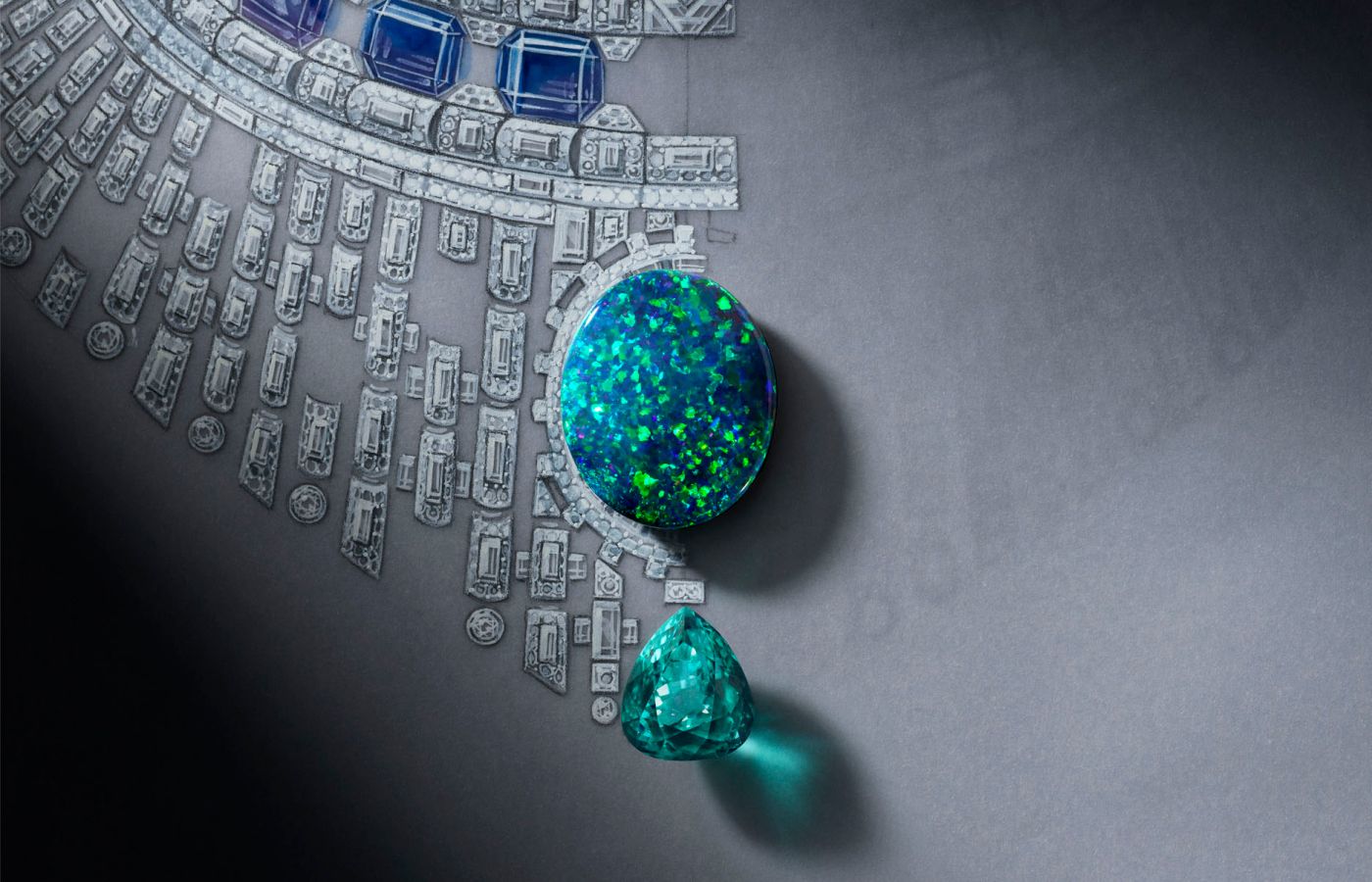  The Louis Vuitton Bones High Jewellery necklace features a 43.58-ct oval-cut opal from Australia and a 20.93-ct ear-cut Paraiba tourmaline from Mozambique