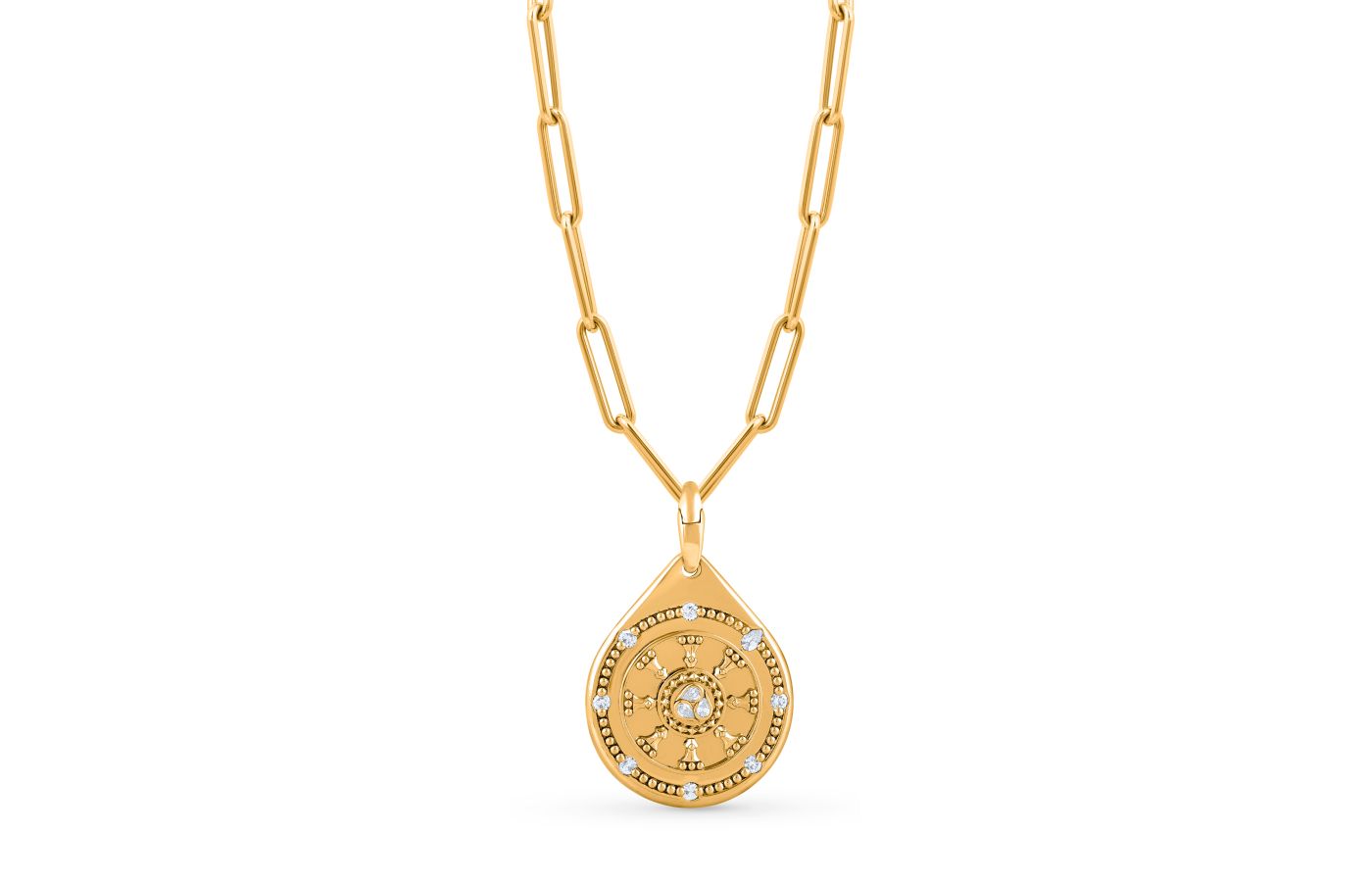  HARAKH Drops of JOY charm in 18k yellow gold and diamonds, featuring the 'Wheel of Law' for serenity