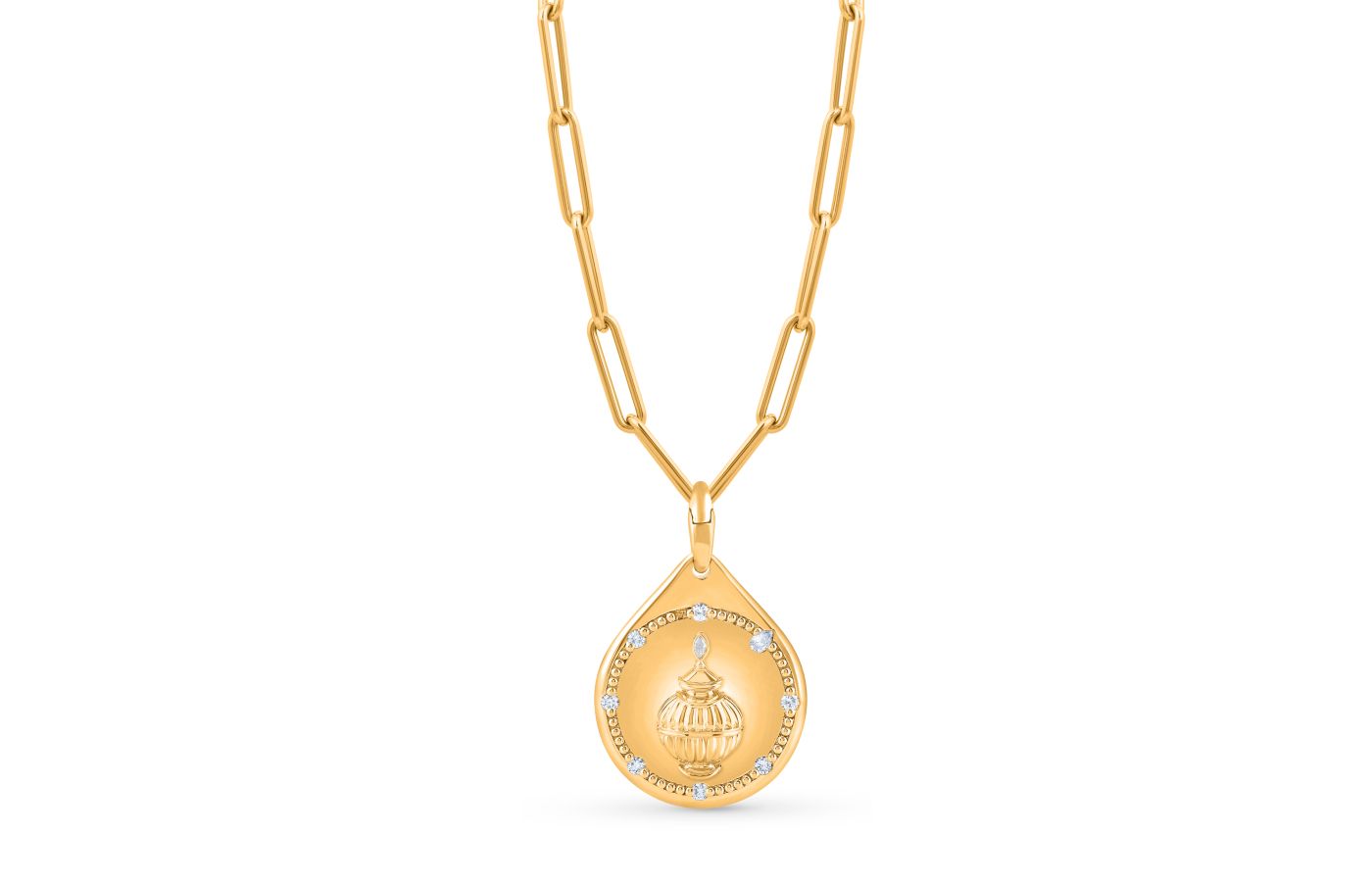 HARAKH Drops of JOY charm in 18k yellow gold and diamonds, featuring the Kalasha vessel to attract prosperity