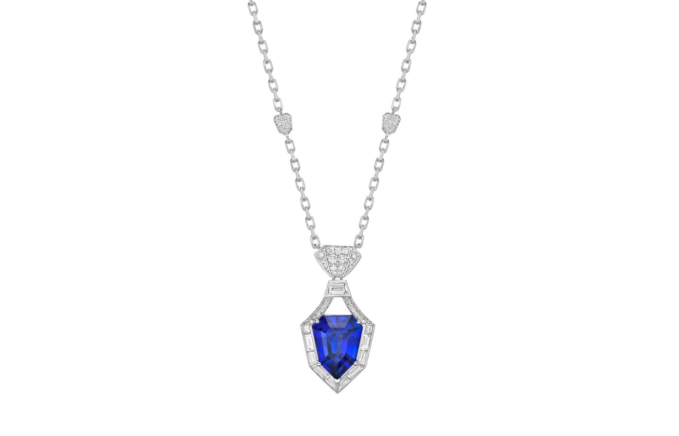  Sunita Nahata necklace with an 8.57-carat fancy-cut tanzanite and round, trapezoid and baguette-cut diamonds in 18k white gold  