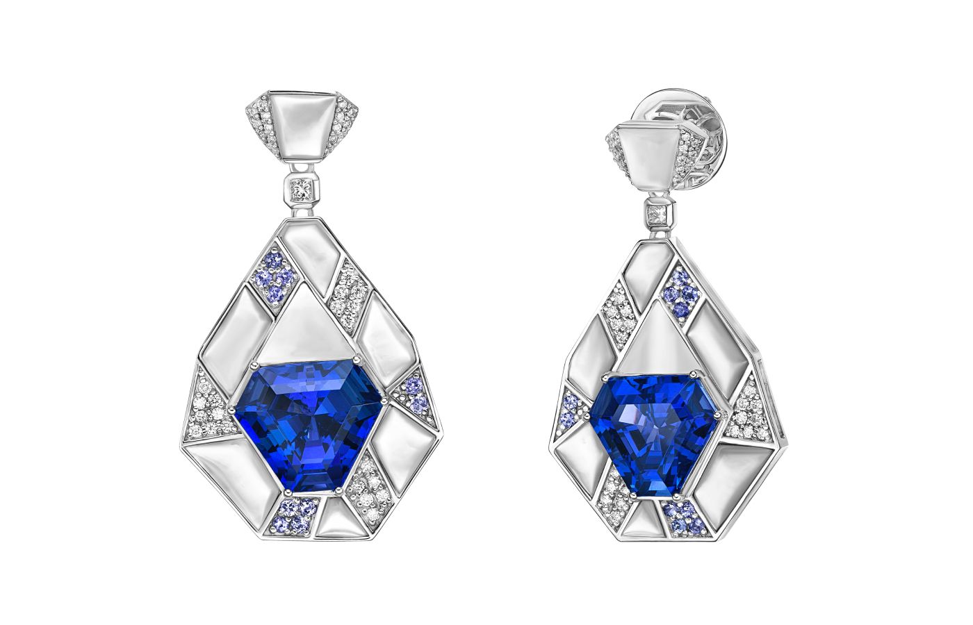 Sunita Nahata earring with 15.9 carats of fancy-cut tanzanites, mother of pearl and diamonds in 18k white gold 