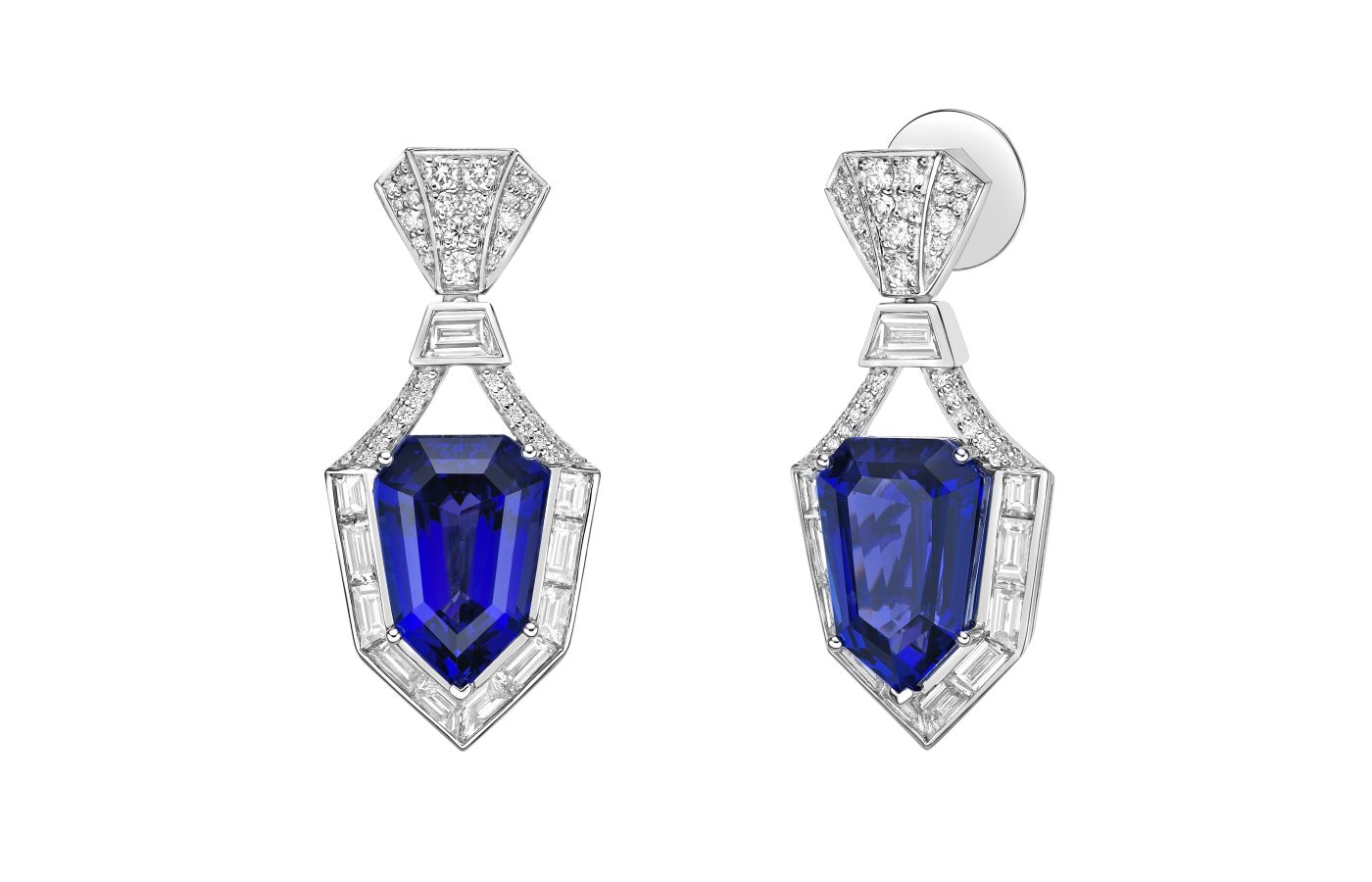  Sunita Nahata earrings with 19.83 carats of fancy-cut tanzanites, plus round, baguette and trapezoid-cut diamonds in 18k white gold   