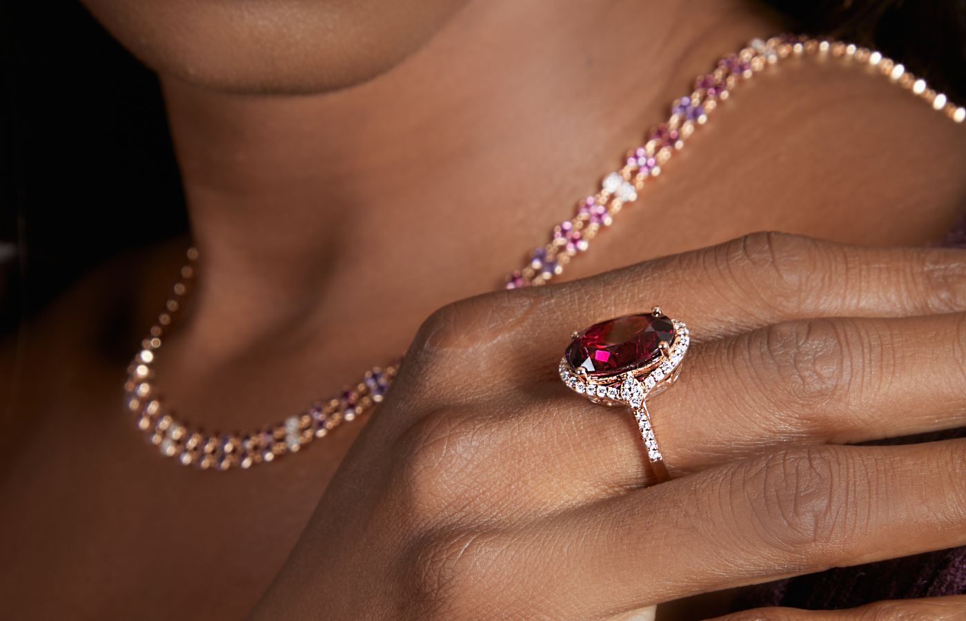  Sunita Nahata Radiating Rhodolites ring and necklace with a striking magenta hue