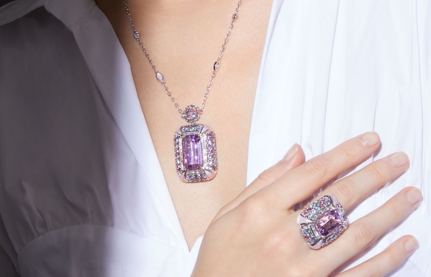  Creations from the Sunita Nahata Cherry Blossom collection with kunzites, pink mother of pearl, pink tourmaline, aquamarine, tanzanites and diamonds