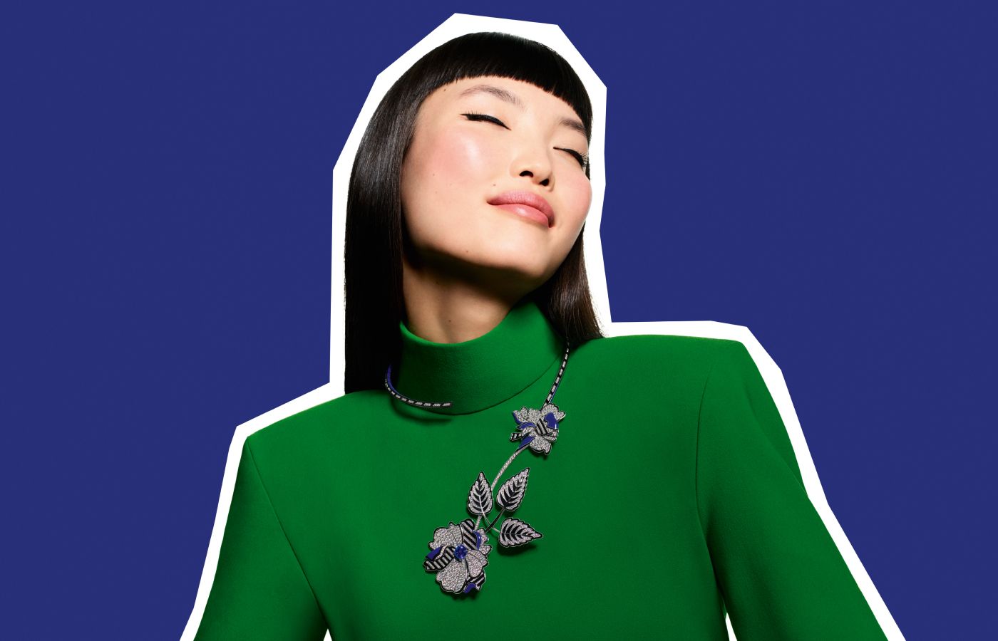  Boucheron Once In A Blue Moon ‘question mark’ necklace with a 5.28 carat tanzanite, paved with diamonds and decorated with lacquer in white gold, from the More is More High Jewellery collection
