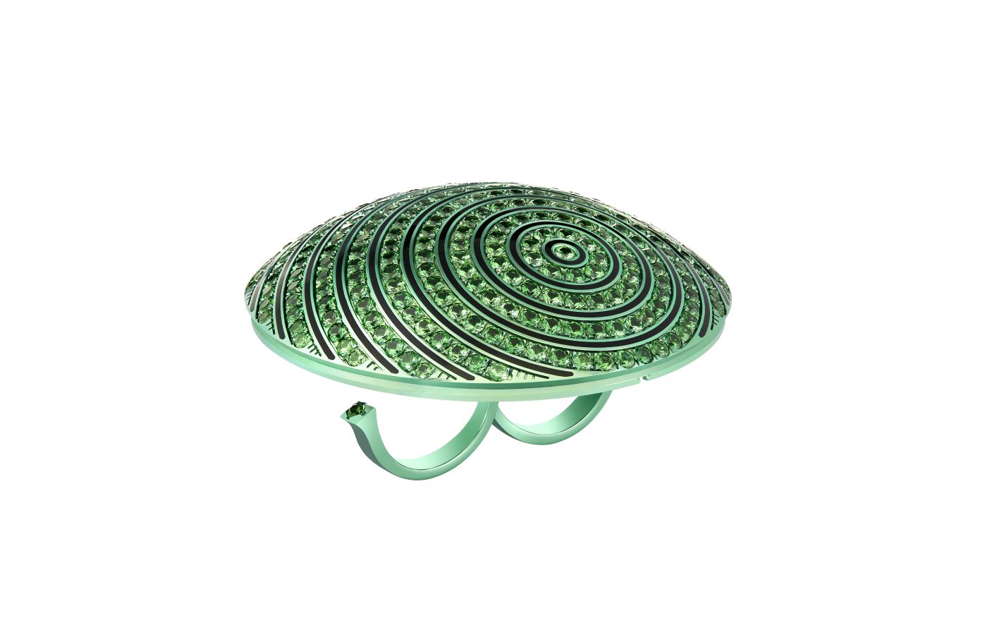 Ring version of the Boucheron An Apple A Day bracelet (in the tradition of multi-wear) with tsavorites and lacquer in titanium and white gold, from the More is More High Jewellery collection