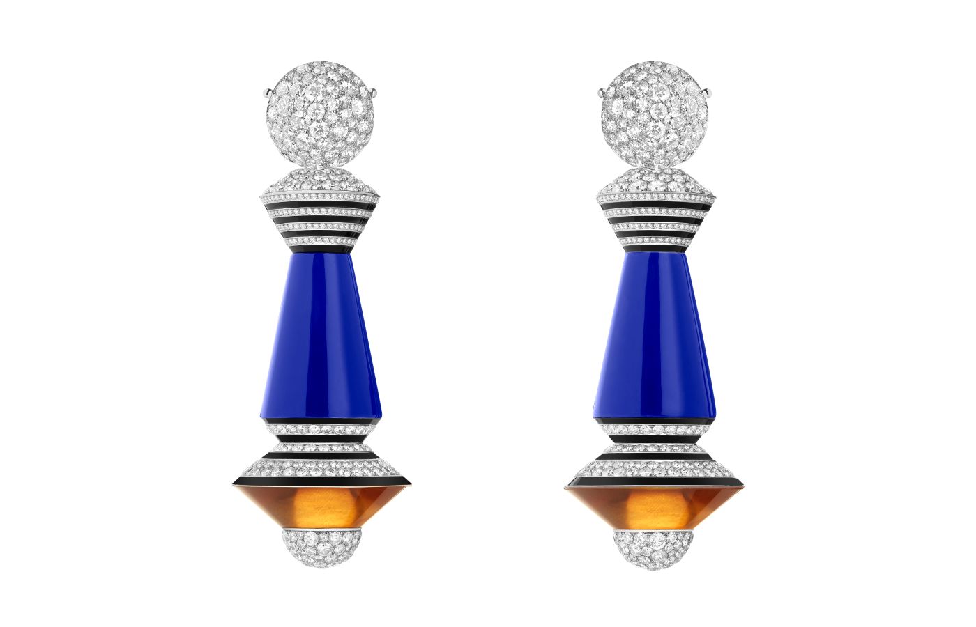 Earring version of the Boucheron Pull Me clothing jewels (in the tradition of multi-wear) with citrines, onyx, cacholongs and diamonds, decorated with lacquer in white and yellow gold and titanium, from the More is More High Jewellery collection