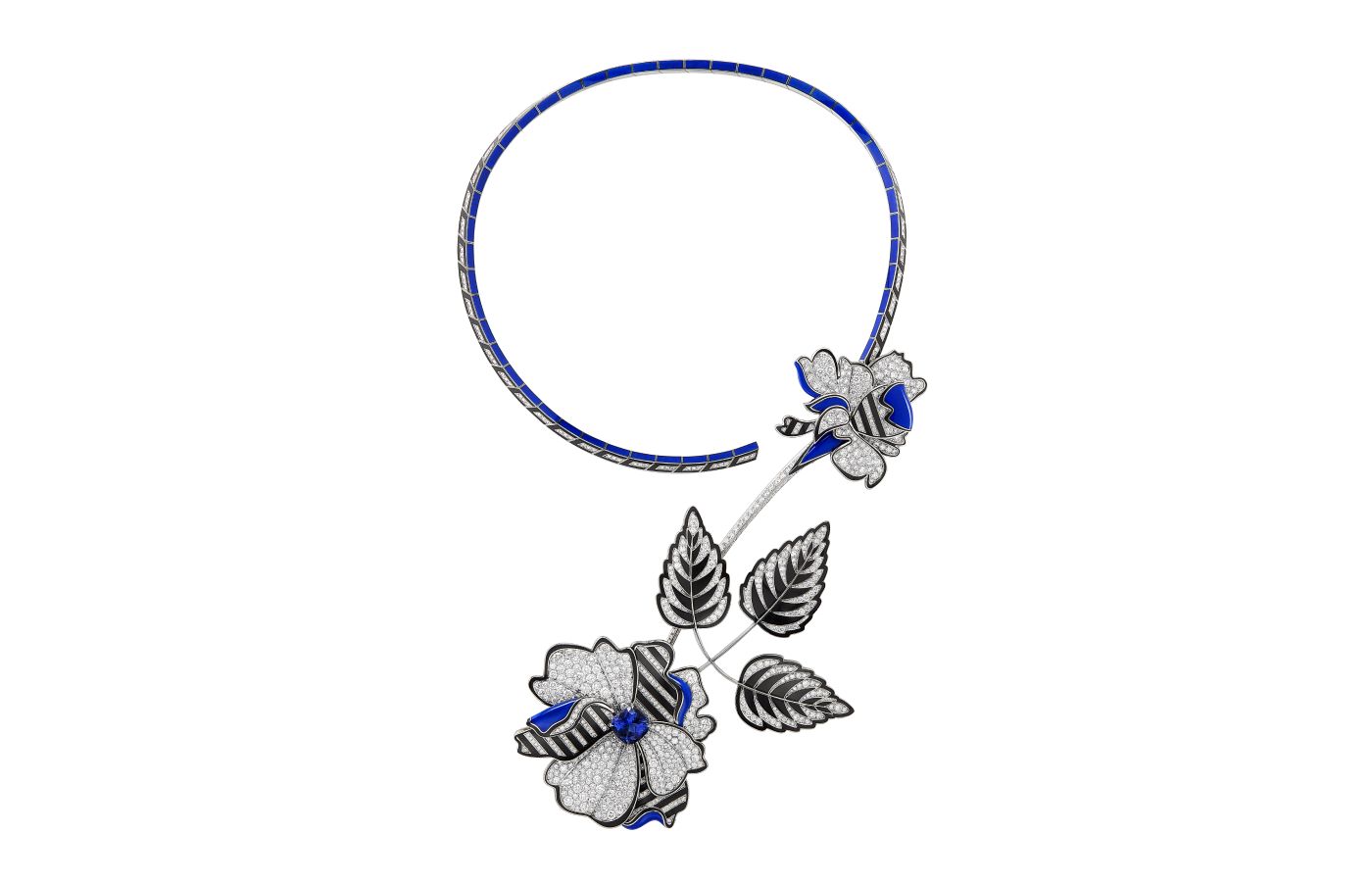 Boucheron Once In A Blue Moon ‘question mark’ necklace with a 5.28 carat tanzanite, paved with diamonds and decorated with lacquer in white gold, from the More is More High Jewellery collection