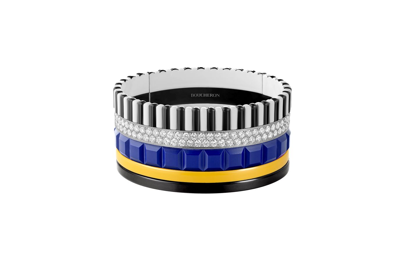  Boucheron Puissance Quatre cuff bracelet with diamonds, yellow and blue resin and black and white lacquer in aluminum, from the More is More High Jewellery collection