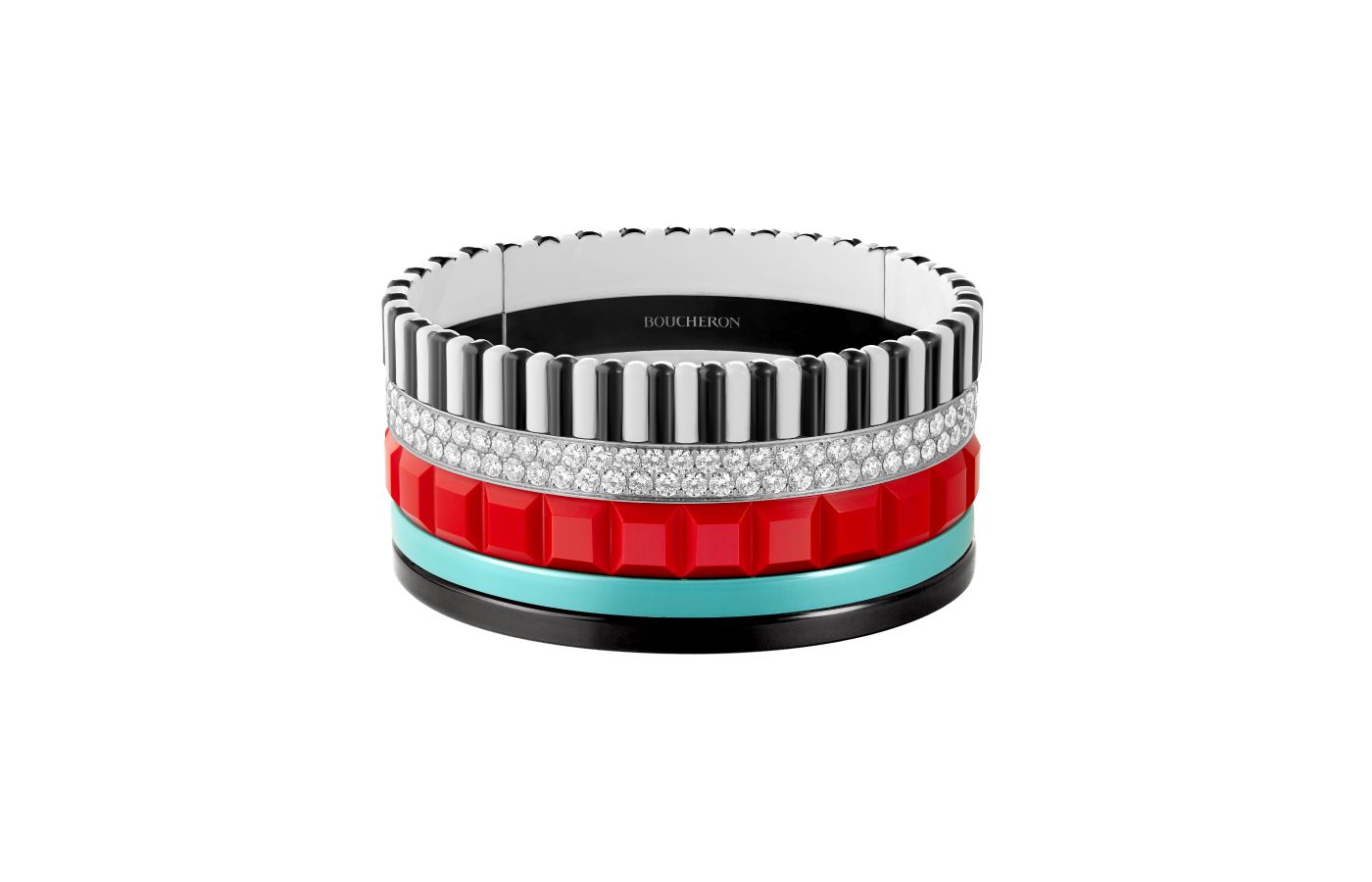  Boucheron Puissance Quatre cuff bracelet with diamonds, red and turquoise resin and black and white lacquer in aluminum, from the More is More High Jewellery collection