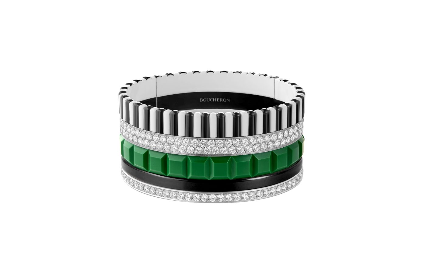  Boucheron Puissance Quatre cuff bracelet with two rows of diamonds, green and black resin and black and white lacquer in aluminum, from the More is More High Jewellery collection