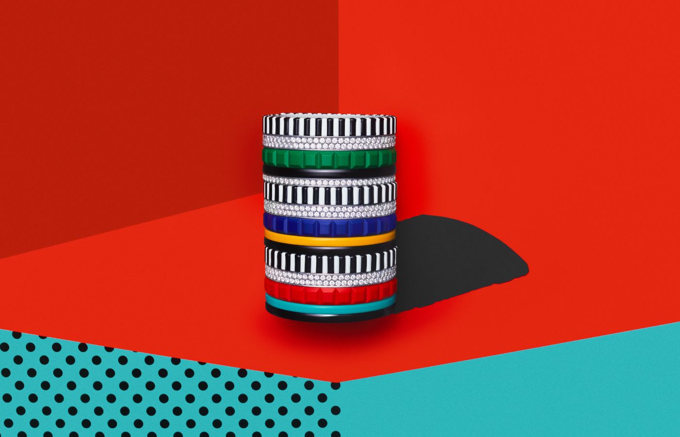  Boucheron Puissance Quatre cuff bracelets with diamonds, coloured resin and black and white lacquer in aluminum, from the More is More High Jewellery collection