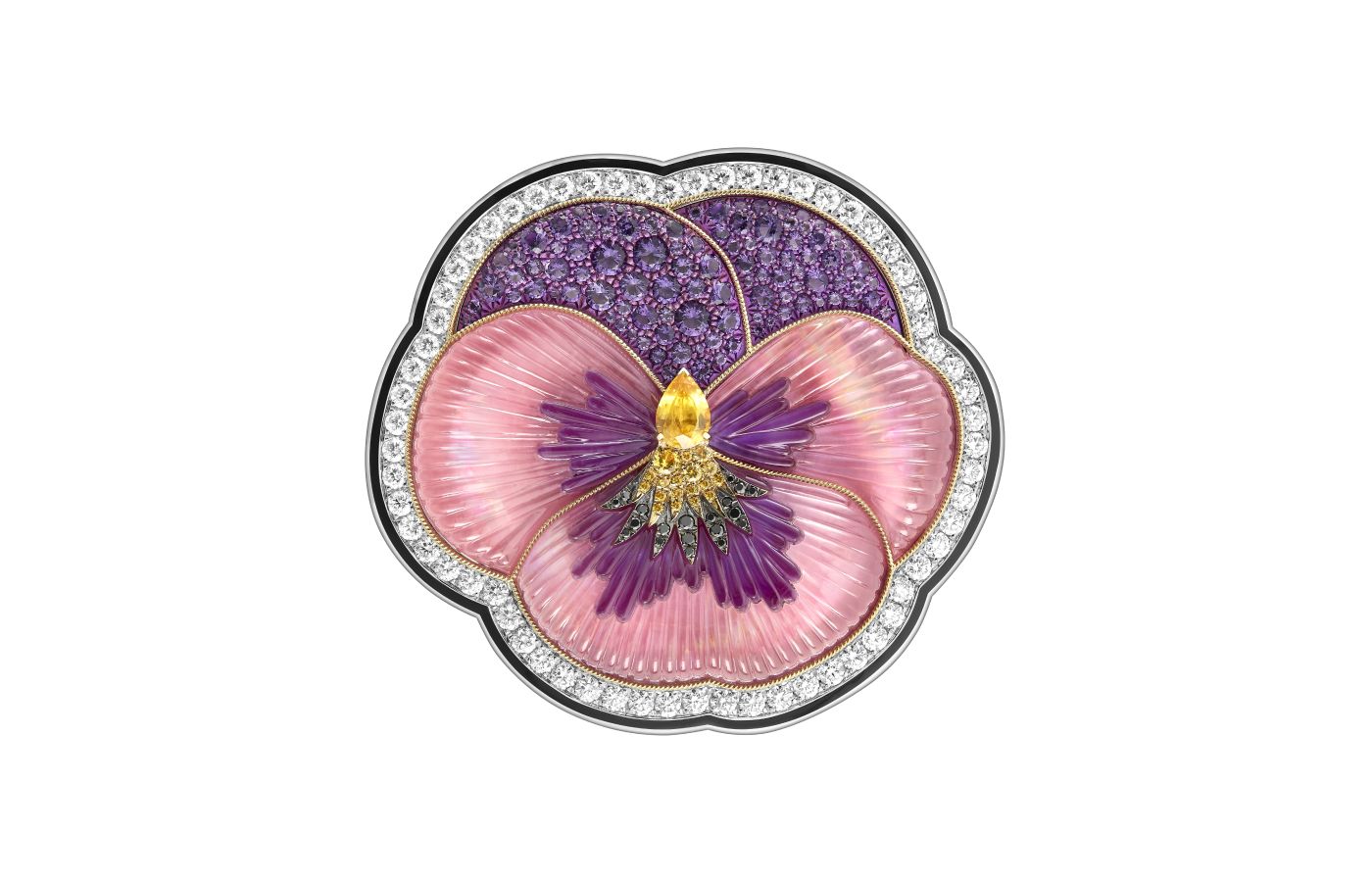 Boucheron Do Not Iron! Pansy brooch with a 0.84 carat yellow sapphire, pink quartz, mother of pearl, diamonds, yellow sapphires, amethysts and rhodolites, decorated with lacquer in white and yellow gold and titanium, from the More is More High Jewellery collection 