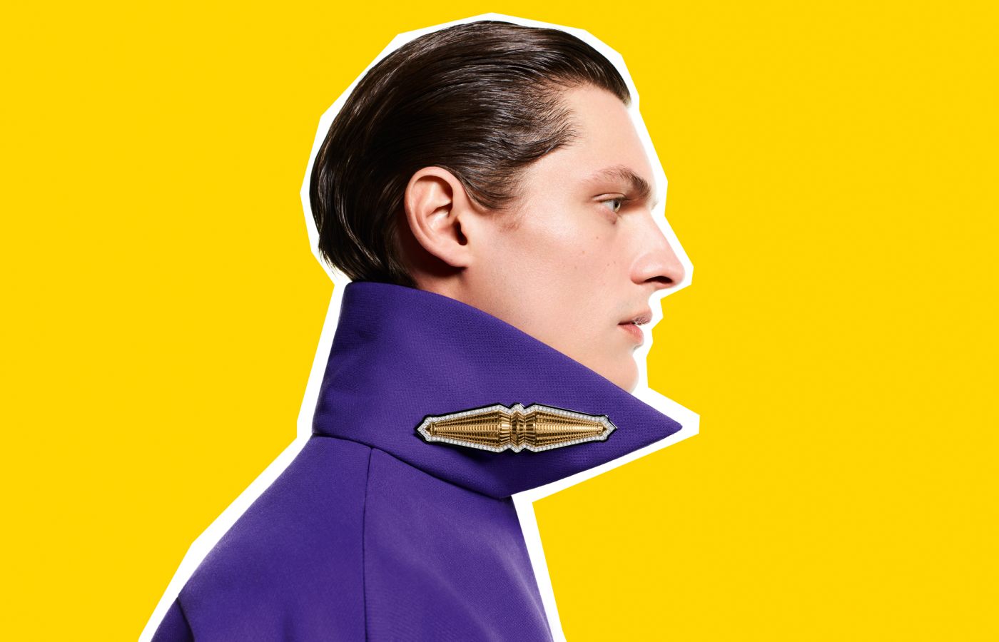 <p>A model wears the Boucheron Do Not Iron! Jack brooch with diamonds and lacquer in white and yellow gold from the More is More High Jewellery collection</p>
