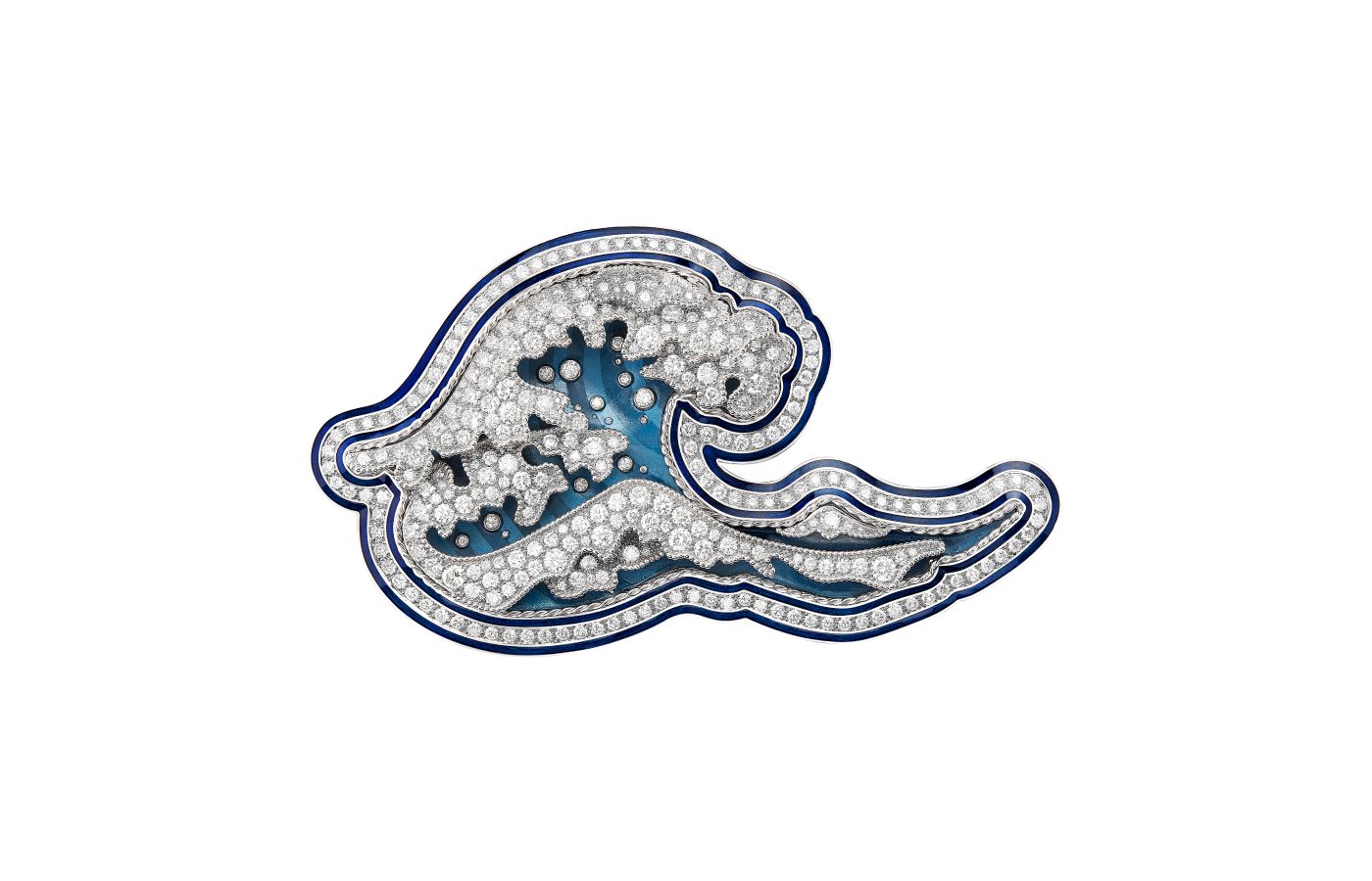  Boucheron Do Not Iron! Hokusai Wave brooch with diamonds and lacquer in silver and white gold from the More is More High Jewellery collection 