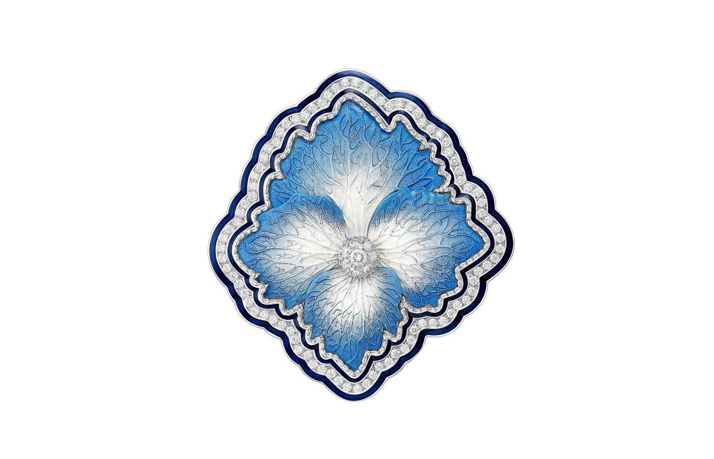  Boucheron Do Not Iron! Hydrangea brooch with diamonds and lacquer in silver and white gold from the More is More High Jewellery collection 