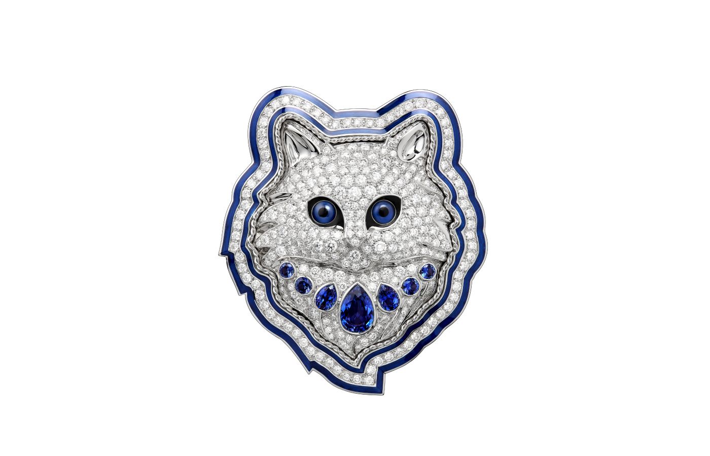 Boucheron Do Not Iron! Wladimir the Cat brooch with sapphires, quartz, mother of pearl and diamonds, decorated with lacquer in white gold, from the More is More High Jewellery collection 