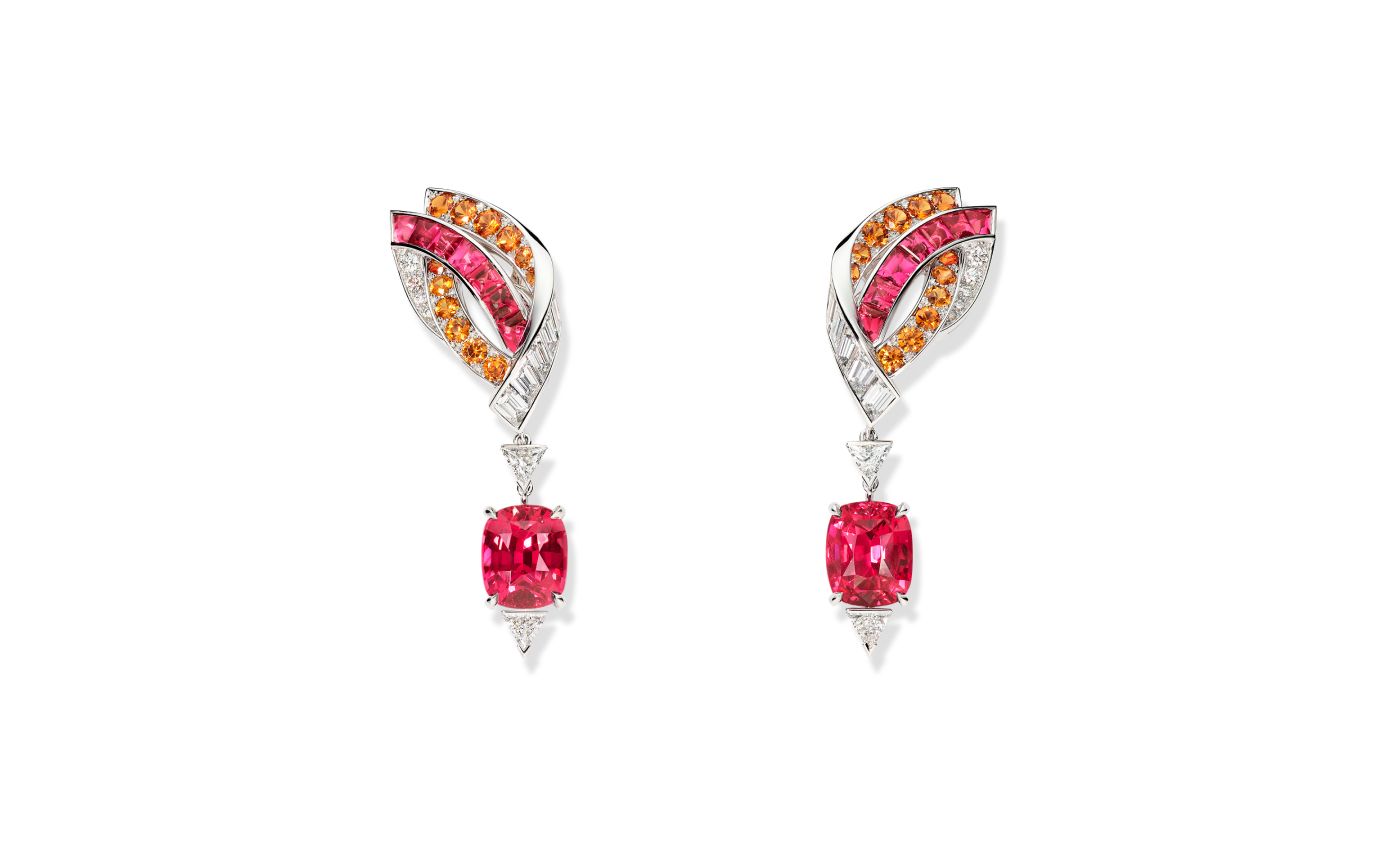Chaumet Tulipe earrings in white gold, red spinel, spessartite garnet and diamond from Le Jardin de Chaumet High Jewellery collection