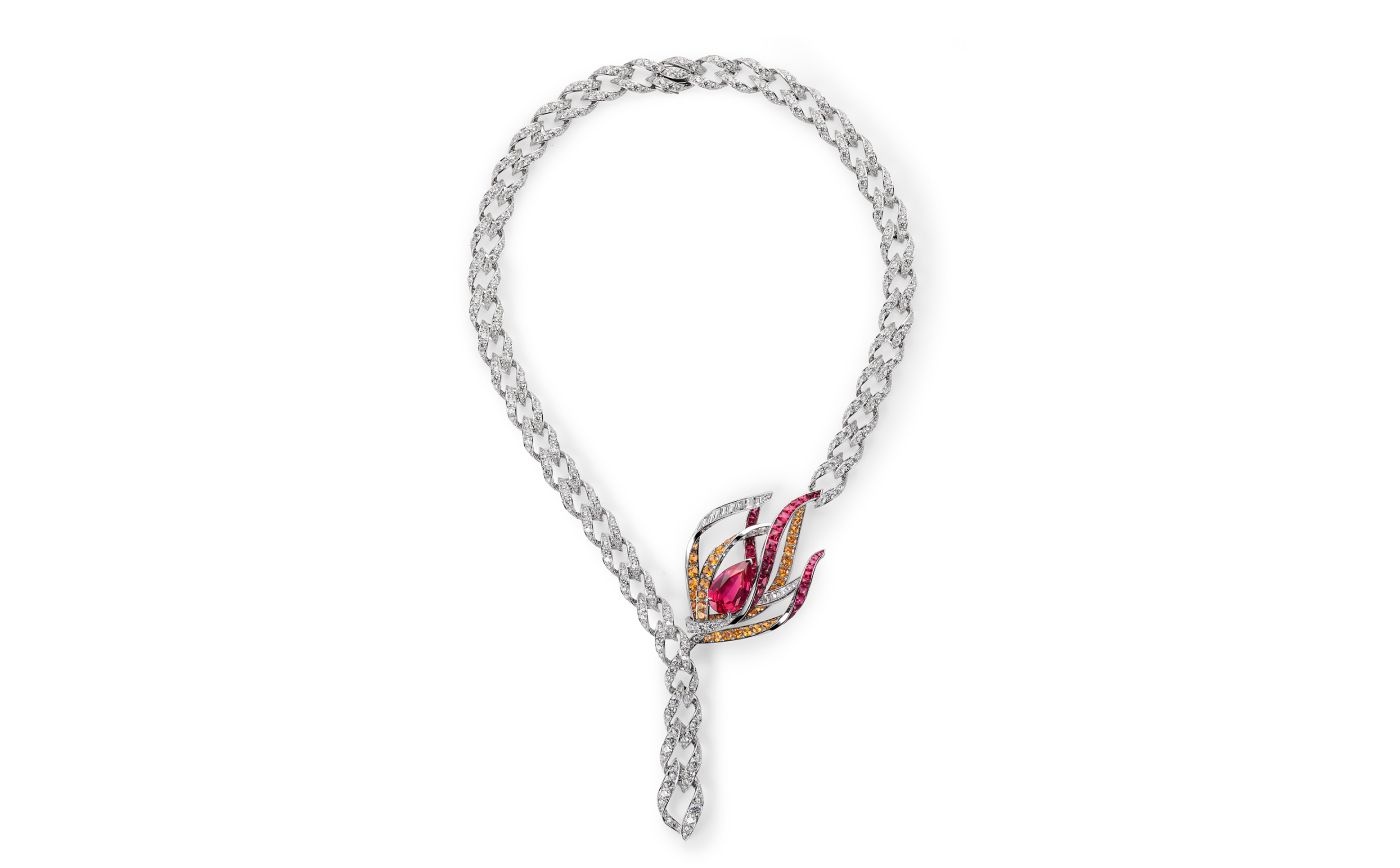 Chaumet Tulipe necklace in white gold, a 10.71-ct pear-shaped red spinel, spessartite garnet and diamond from Le Jardin de Chaumet High Jewellery collection