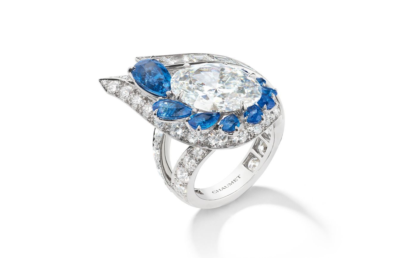 Chaumet Agapanthe ring in white gold, diamond, featuring a 3.34-ct oval diamond from Le Jardin de Chaumet High Jewellery collection