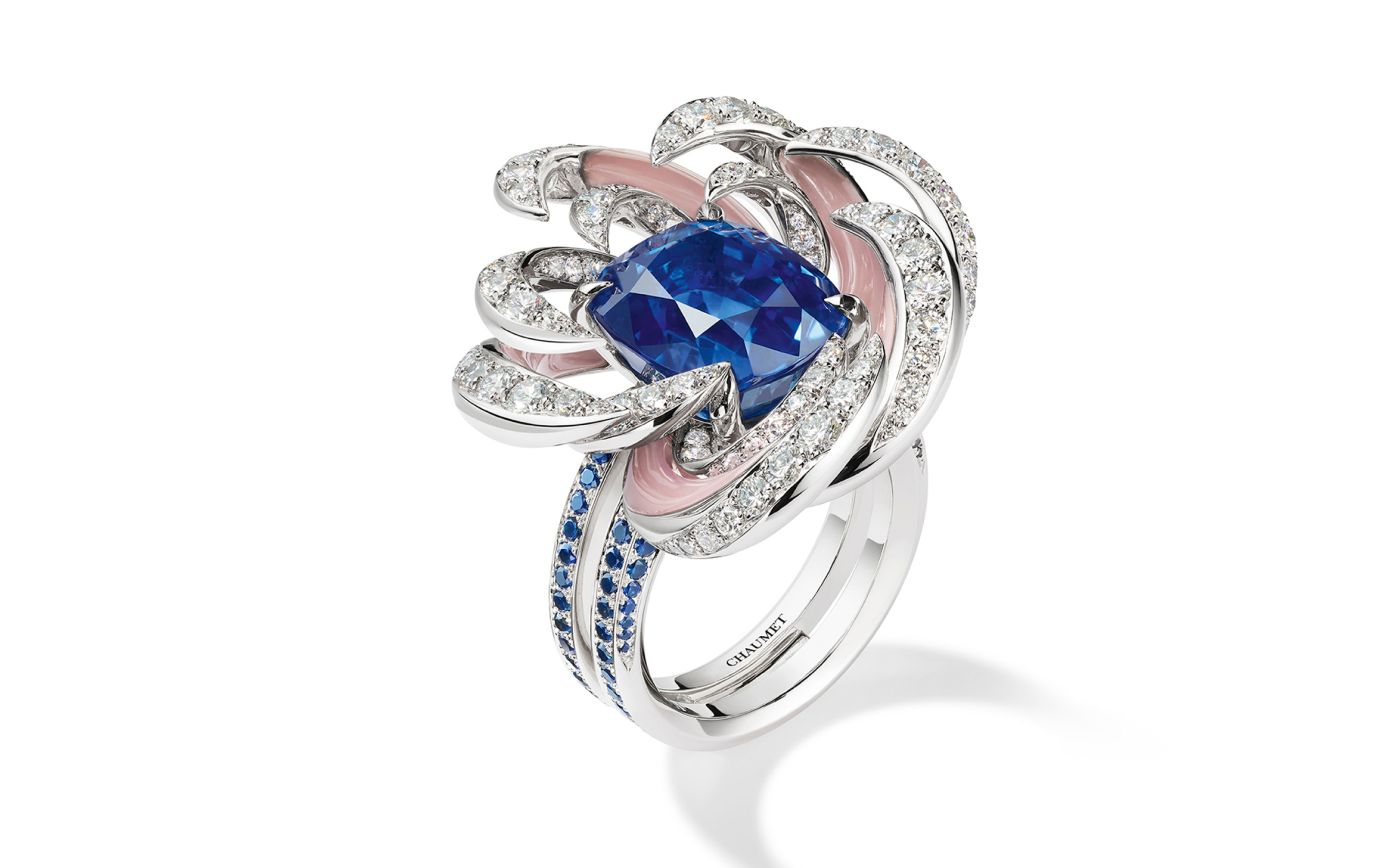 Chaumet Chrysanthème ring in white gold, set with a 12.17-ct cushion-cut sapphire, pink chalcedony and diamond from Le Jardin de Chaumet High Jewellery collection