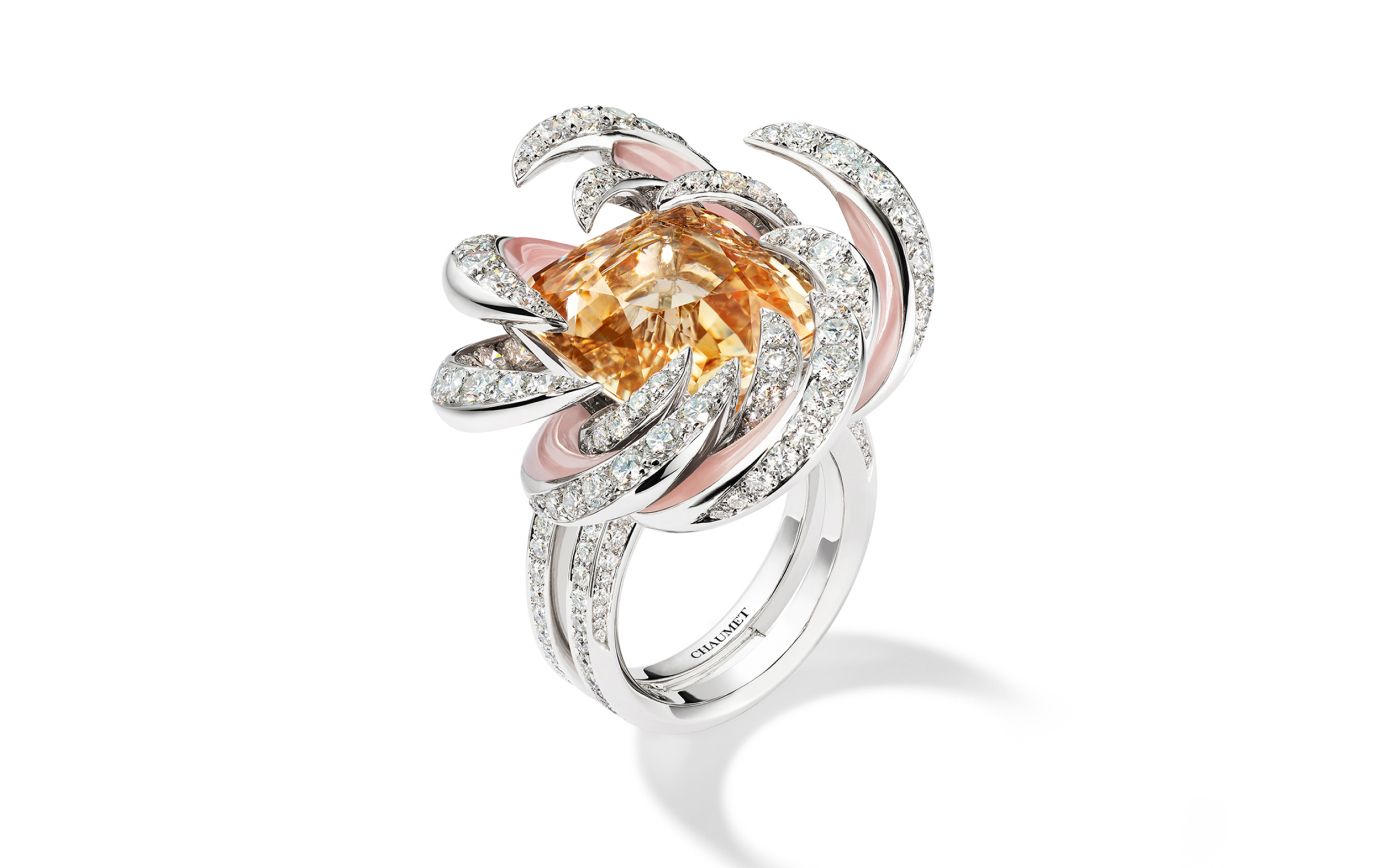 Chaumet Chrysanthème ring in white gold, set with a 15.59-ct cushion-cut orangy-yellow sapphire, pink chalcedony and diamond from Le Jardin de Chaumet High Jewellery collection