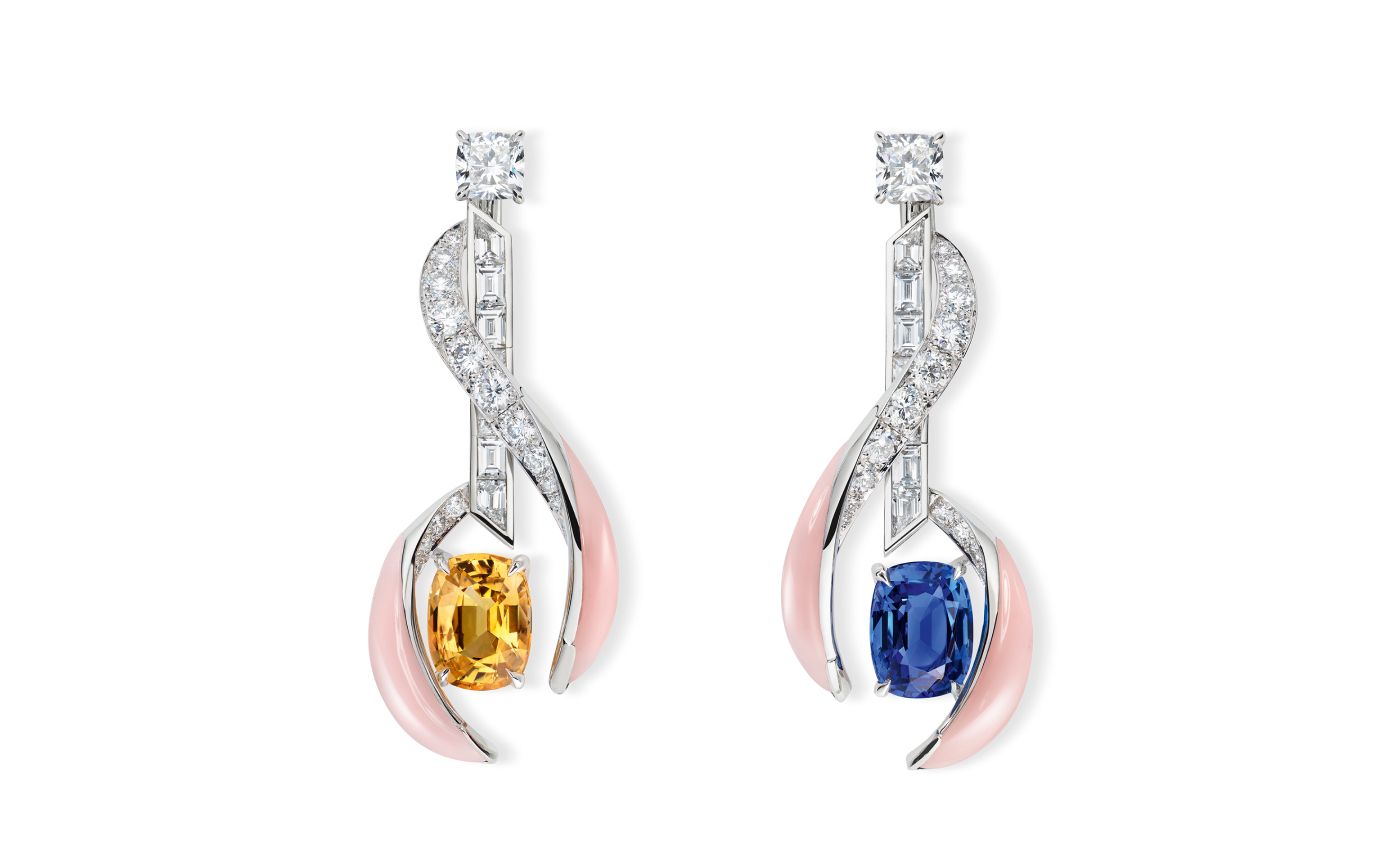 Chaumet Chrysanthème earrings in white gold, yellow sapphire, blue sapphire, pink chalcedony and diamond from Le Jardin de Chaumet High Jewellery collection