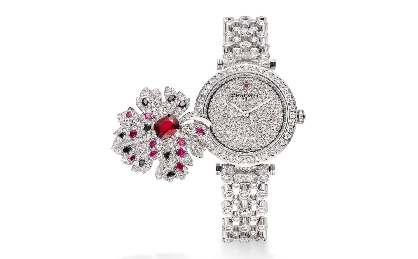 Chaumet Feuille de Vigne secret watch in white gold, ruby, grey and black spinels and diamond from Le Jardin de Chaumet High Jewellery collection 