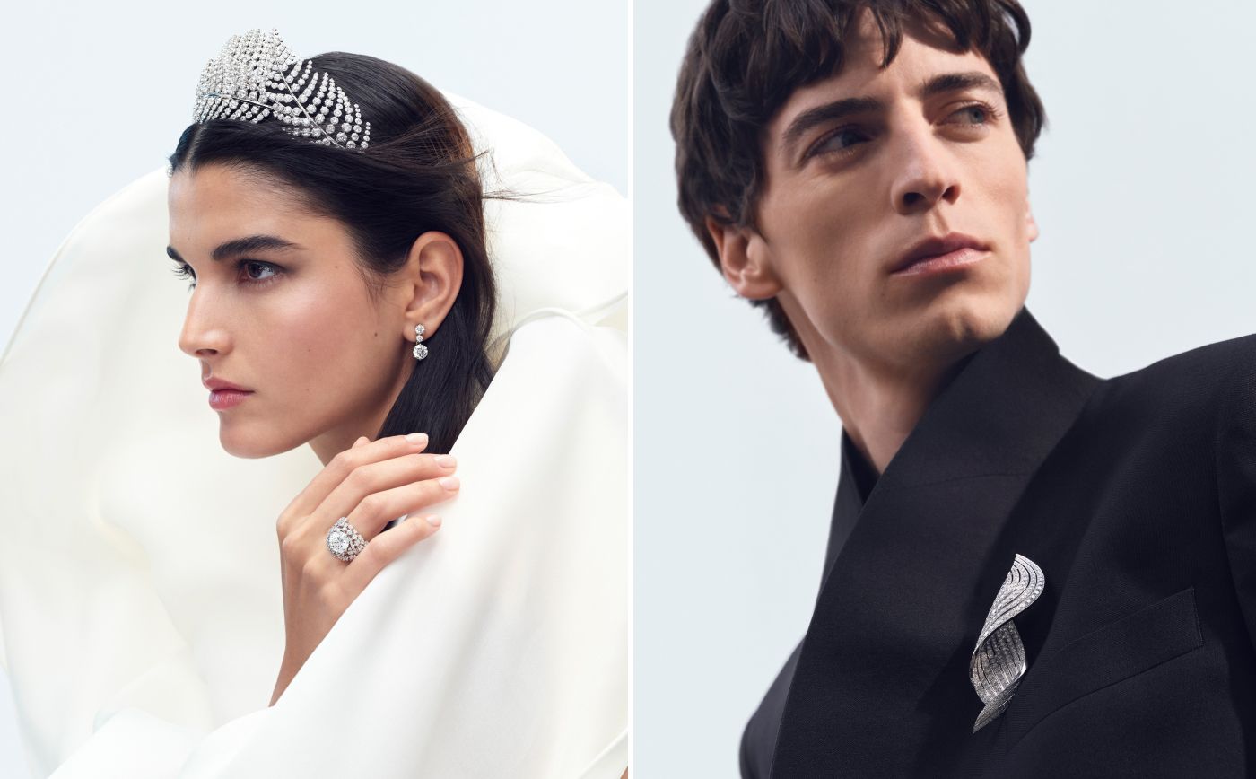  Models wearing the Fougère tiara, Fougère ring and Arum brooch in white gold and diamond from Le Jardin de Chaumet High Jewellery collection 