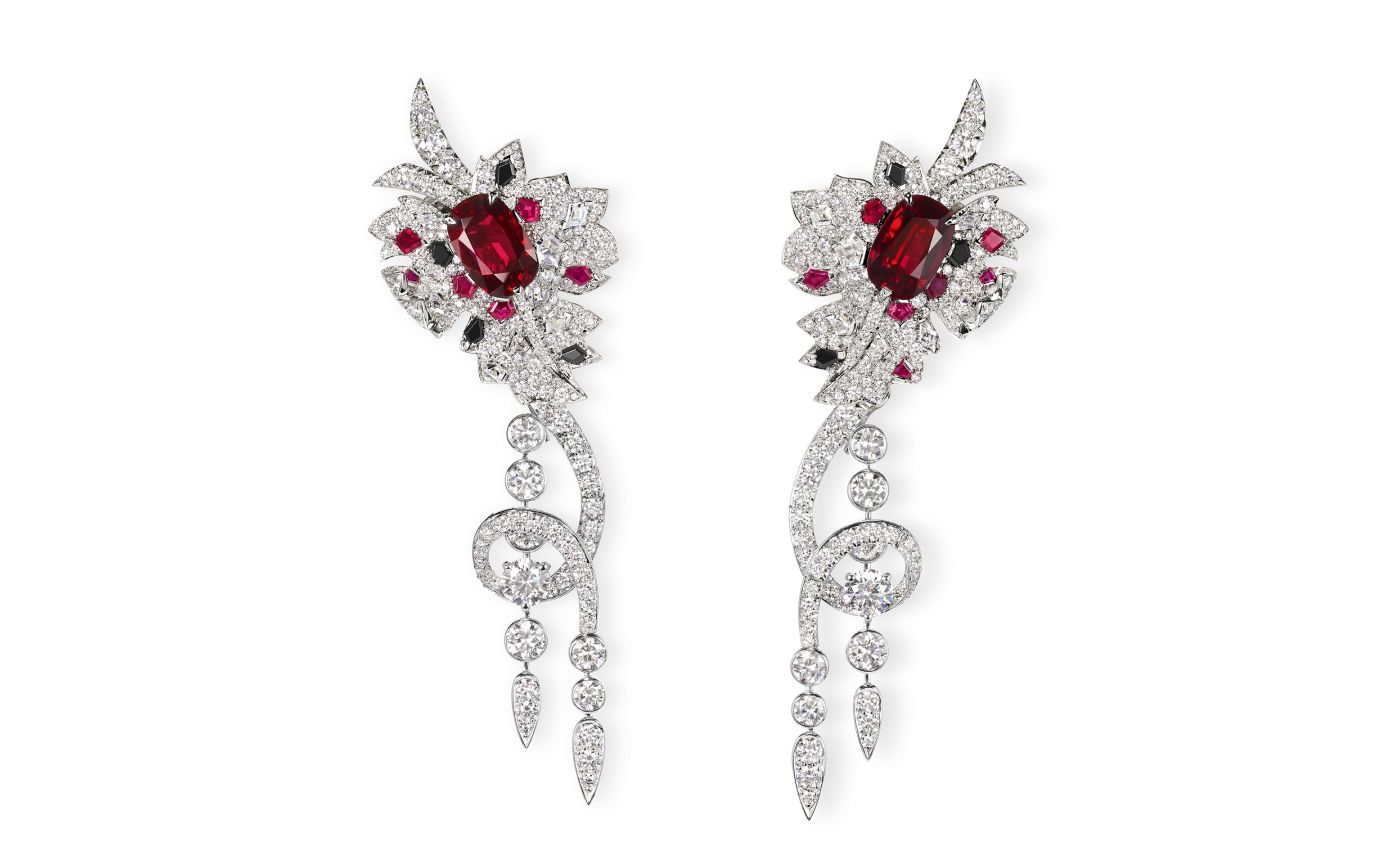 Chaumet Feuille de Vigne transformable earrings in white gold, ruby, grey and black spinel and diamond from Le Jardin de Chaumet High Jewellery collection