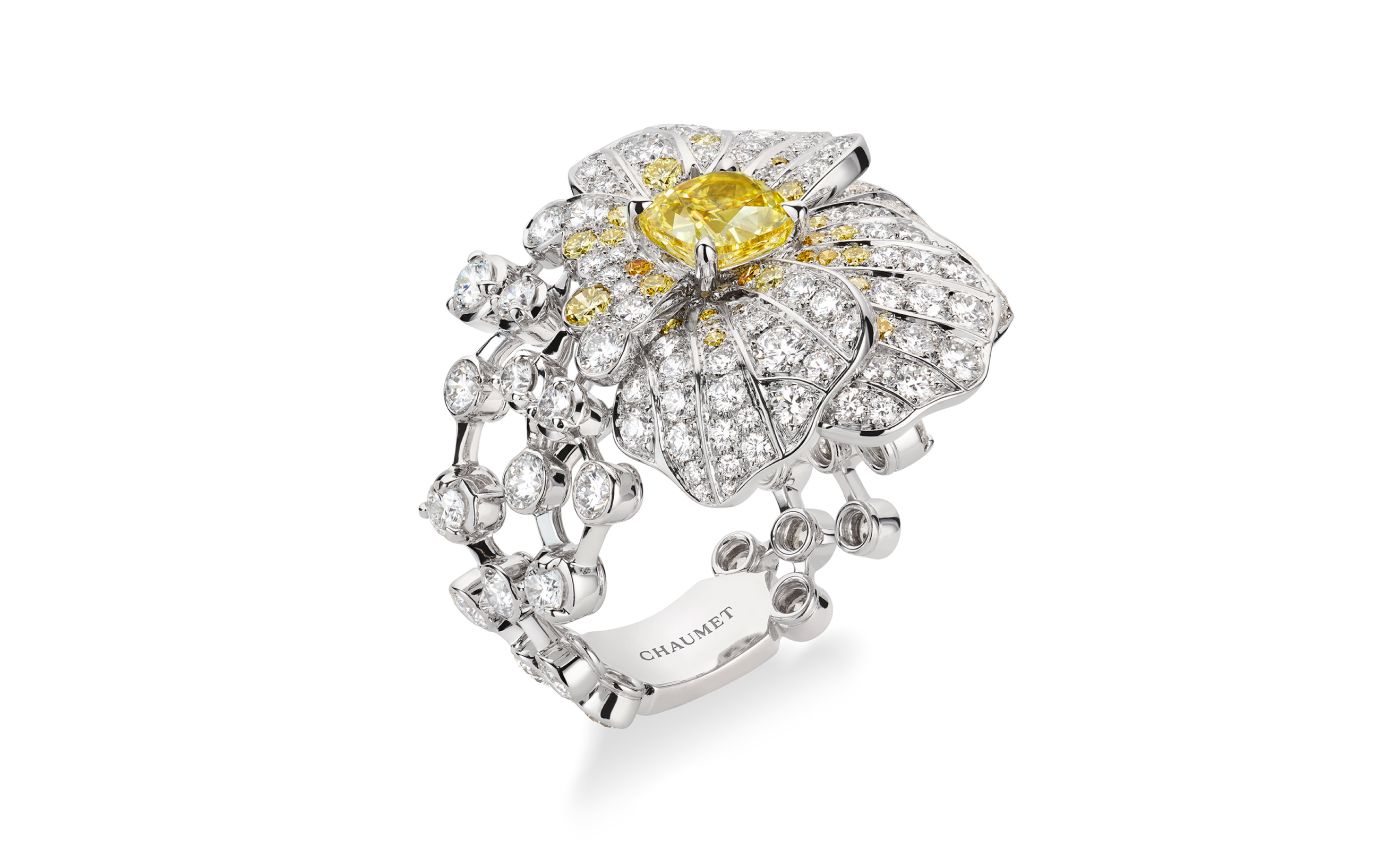   Chaumet Fleur de Pensée tiara in white gold, yellow diamonds and white diamonds from Le Jardin de Chaumet High Jewellery collection