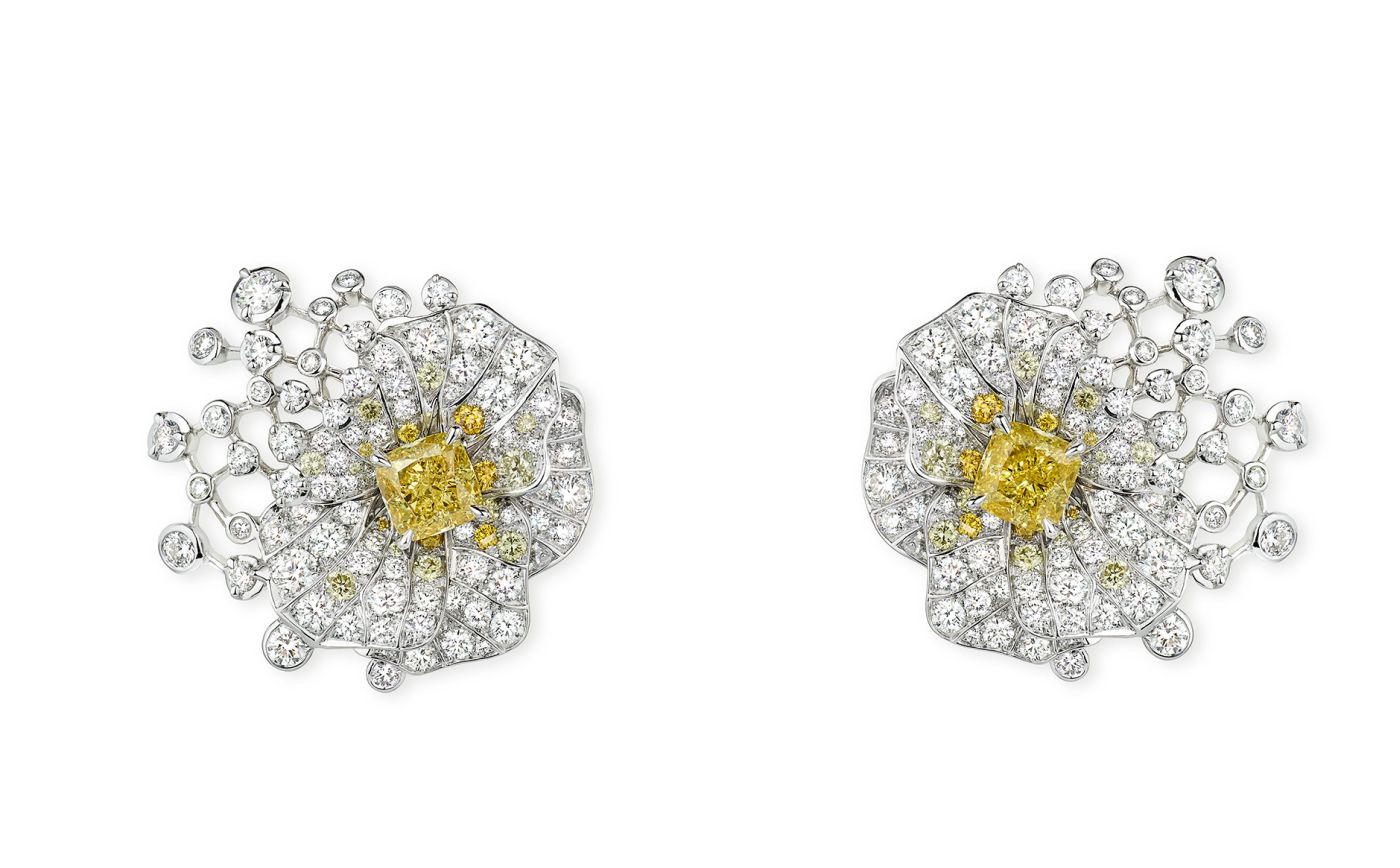   Chaumet Fleur de Pensée earrings in white gold, yellow diamonds and white diamonds from Le Jardin de Chaumet High Jewellery collection
