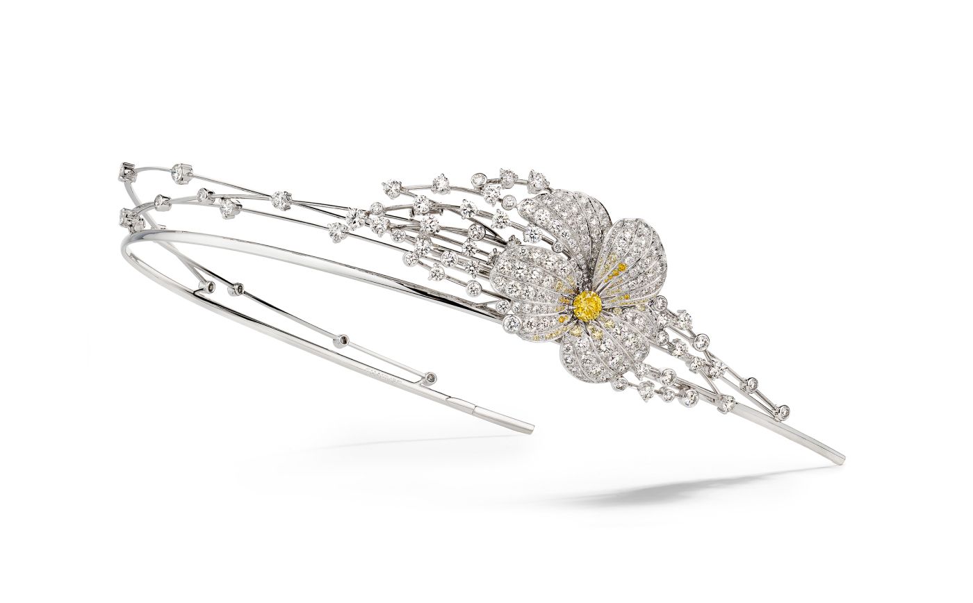   Chaumet Fleur de Pensée tiara in white gold, yellow diamonds and white diamonds from Le Jardin de Chaumet High Jewellery collection